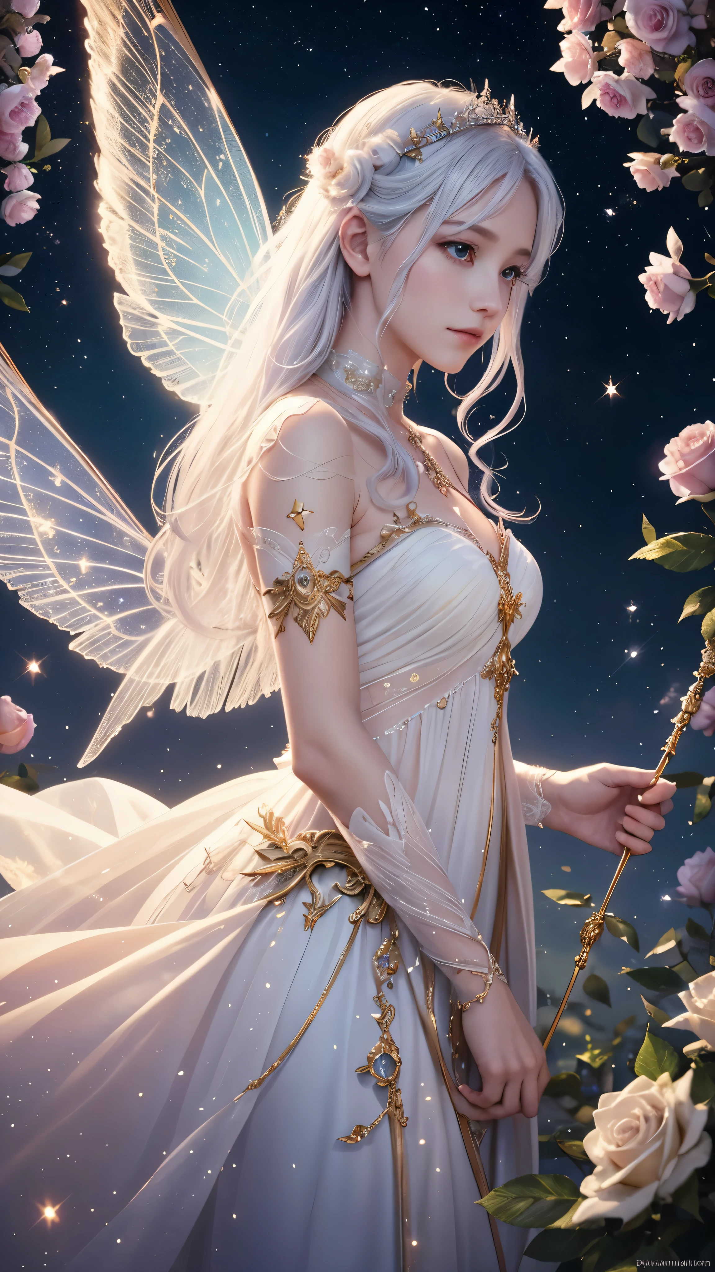 1 moon,Dear beautiful flower fairy, Peach Eye, white hair, clear wings, The wand blows in the wind....、The wand flickered with starlight....,golden wand,Beautiful blue sky and white clouds、girl with transparent wings、Please smile、beautiful garden background、gentle and transparent,anatomy correct, delicate pattern,pink rose space, soft light, ( Bokeh),Masterpiece, very detailed, epic elements, Highest quality, 8ก,Beautiful and romantic fantasy digital art...,Fantastic fairy tale fantasy digital art..,Legendary fantasy,UHD resolution,detailed drawing,In fact,In factมาก,movie light,award winning photos,Various colors,realistic textures, Very realistic,Incredible light