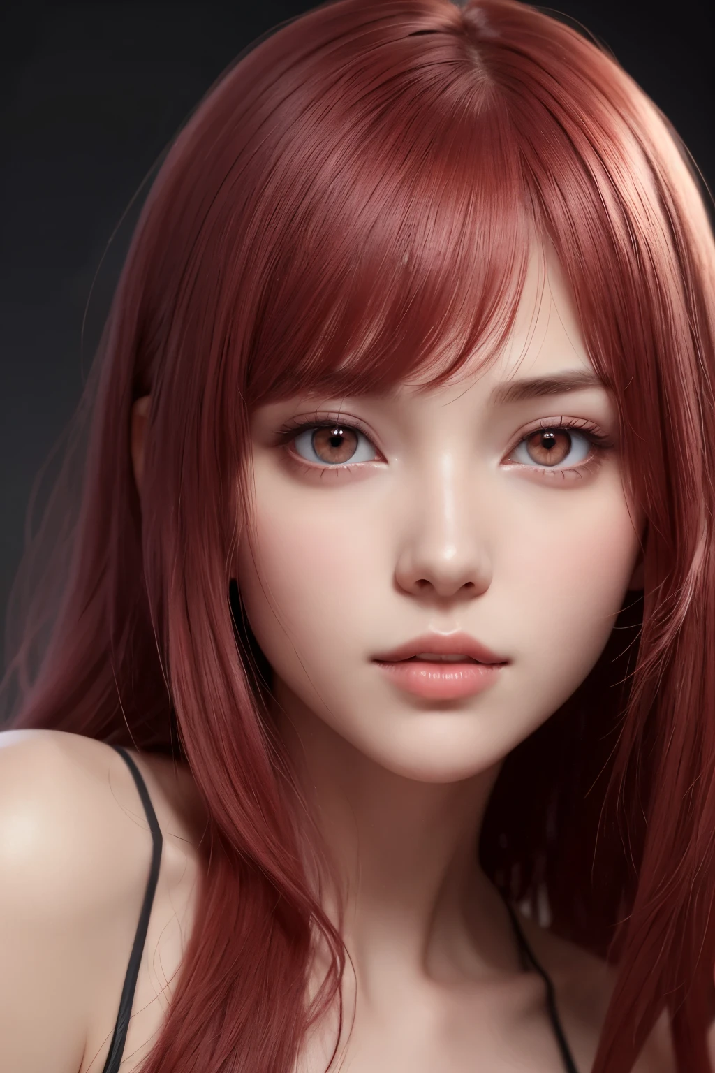 1girl, star eye, blush, perfect illumination, red hair, red eyes, unreal engine, sidelighting, detailed face, bangs, bright skin, simple background, big breasts, big ass , to