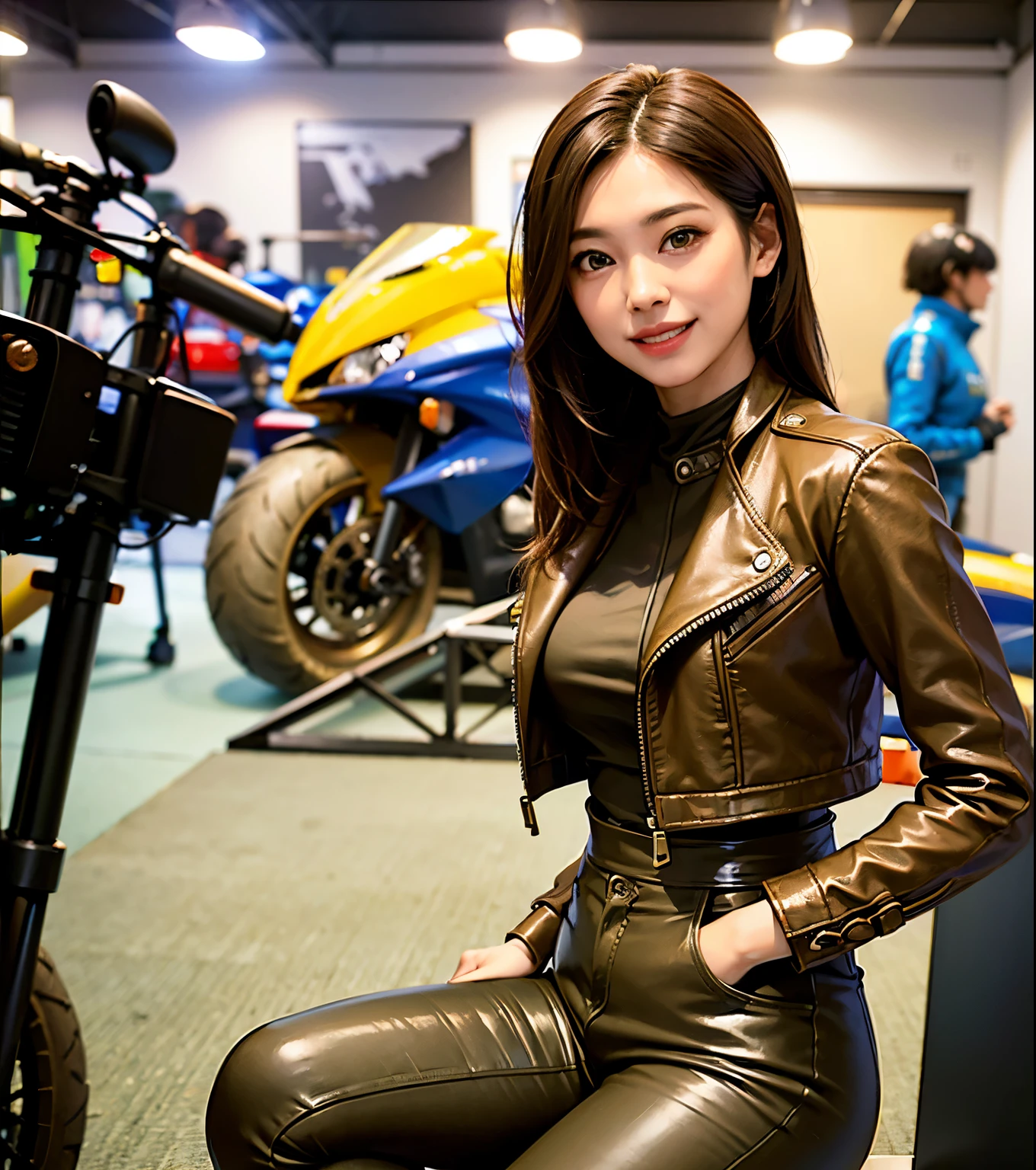 ((best quality)), ((masterpiece)), ((perfect face))、(Detailed Motorcycle)、Detailed and clear photos、((Motorcycle Women))、slender body、((Blue-green riding jacket and leather pants))、smile、((posing next to a motorcycle))、short hair