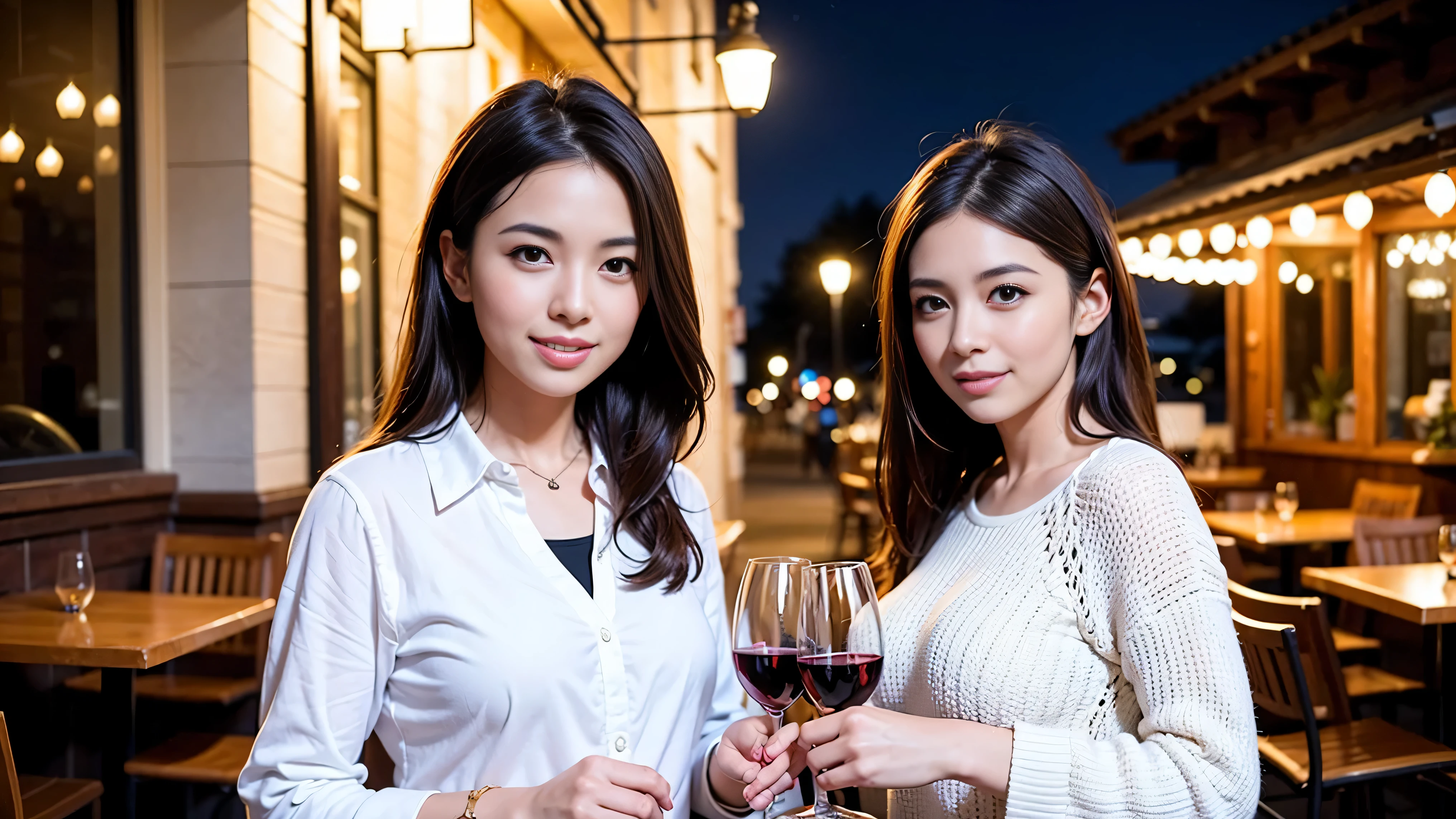 64k, UHD, highest quality, masterpiece: 1.2), (realistic, photorealistic: 1.37), Super detailed, (slimな男女4名),(Wine party for 5 people)、celebration party、beauty、Charm、beautiful mature woman、3 women who love wine、three men、champagne、Sparkling wine、winter night、restaurantでワイン宴会、(slimフェイス),Happy、 最高なsmile、Fox Face、Berry Short、(because I'thin), (brown hair), (shortcut), long sleeve shirt、winter fashion、Colombia、Brazilian、Japanese、Dutch、German、Portuguese、Belgian、Italian、french, (gushing), (slimボティ), (brown hair), (shortcut), 端正なbeauty、cheeks blush a little, (41 years old), 38 years old, 35 years old、32 years old、 A beautiful and detailed night view spreads out outside the window........, restaurant, wine glassが座っている, At night, in a prominent place (from the Upper body) nova frog style, actress, model, Upper body, White wine, slim, wine glass, very beautiful night view, wine glass Put in the Middle, Happy smile, (smile: 1.15),