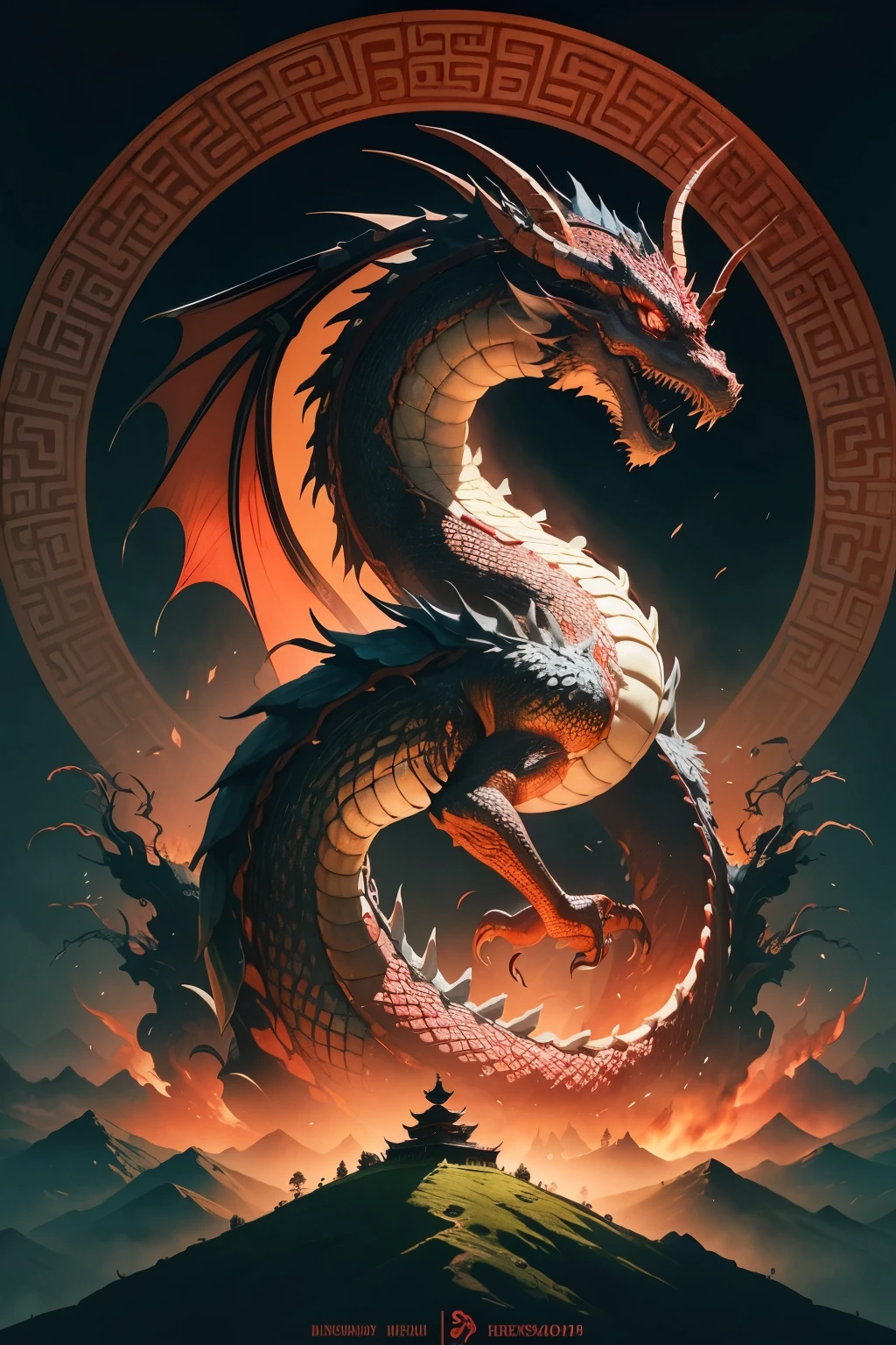 Title: Dragon's Embrace: A Year of Wondrous Celebrations

Subtitle: Embrace the Power and Majesty of the Chinese Zodiac

Background: A vibrant, lush landscape stretches out behind intricate dragon scales, creating a dynamic and fascinating backdrop. The year unfolds across the top, marked by the Chinese zodiac symbols, with the Year of the Dragon proudly featured in bold red letters.

Foreground:

1. Introducing the Hero Dragon: A magnificent, fierce, and auspicious dragon with scales of shimmering golden and crimson hues stands atop a hill, looking out over the landscape. Its eyes gleam with infinite
