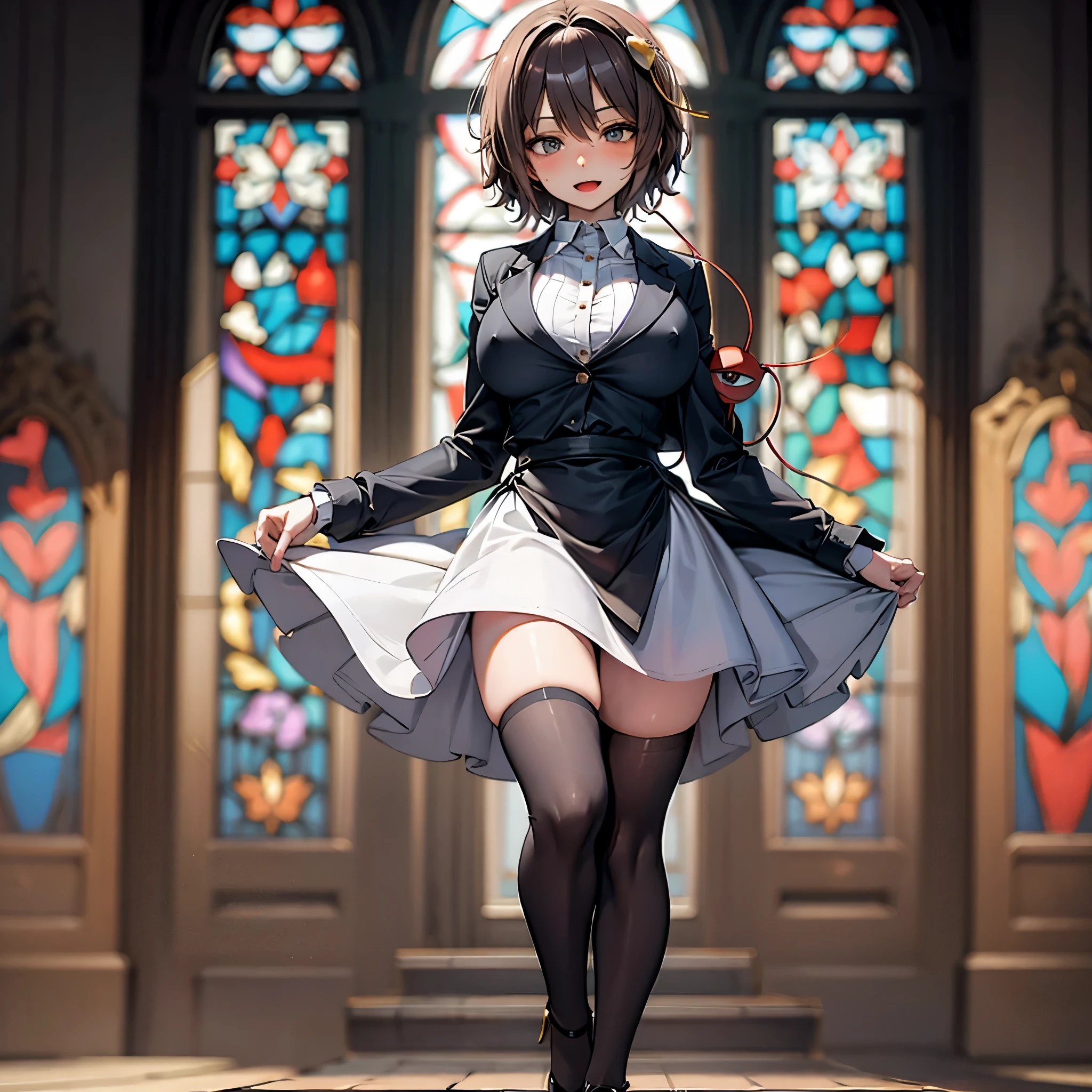 (Satori toho character:1.1), (solo), (standing), (stained glass), BREAK, short hair, (huge perky breasts), bursting breasts, (inconceivably thin waist:1.2), (very long legs), BREAK, (black blazer:1.3), (black thighhighs:1.3), (very short black high-waist skirt:1.3) cinches waist too tight, (highheels), BREAK, nose blush, sad smile, open mouth, BREAK, masterpiece, ultra-detailed, full body