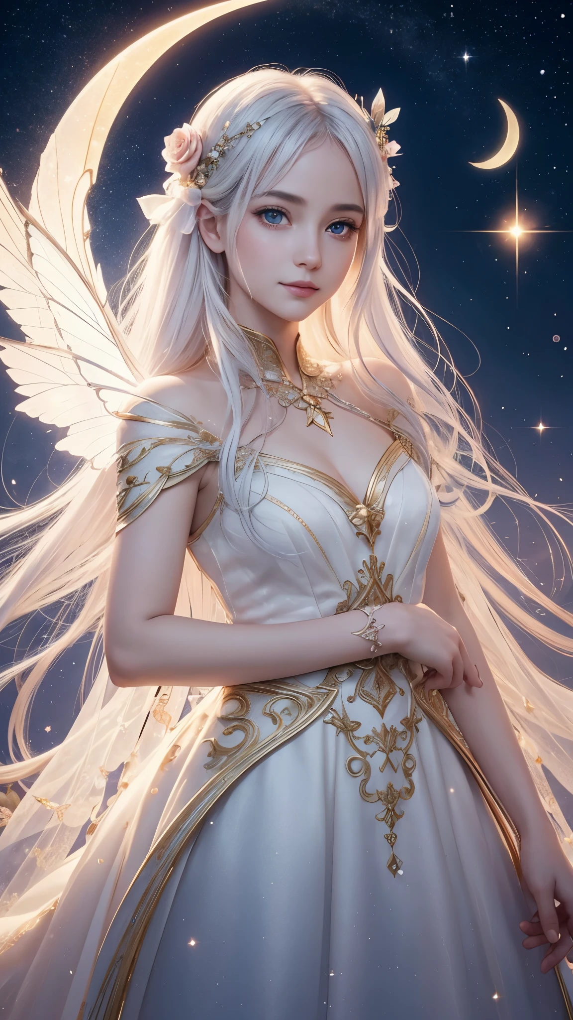 1 moon,Dear beautiful flower fairy, Peach Eye, white hair,,Flawless face, High nose, Beautiful slender face,Big eyes, Thin lips, clear wings, The wand blows in the wind...、The wand flickered with starlight...,golden wand,Beautiful blue sky and white clouds、girl with transparent wings、Please smile、beautiful garden background、gentle and transparent,anatomy correct, delicate pattern,pink rose space, soft light, ( Bokeh),Masterpiece, very detailed, epic elements, Highest quality, 8ก,Beautiful and romantic fantasy digital art..,Fantastic fairy tale fantasy digital art.,Legendary fantasy,UHD resolution,detailed drawing,in fact,in factมาก,movie light,award winning photos,Various colors,realistic textures, Very realistic,Incredible light