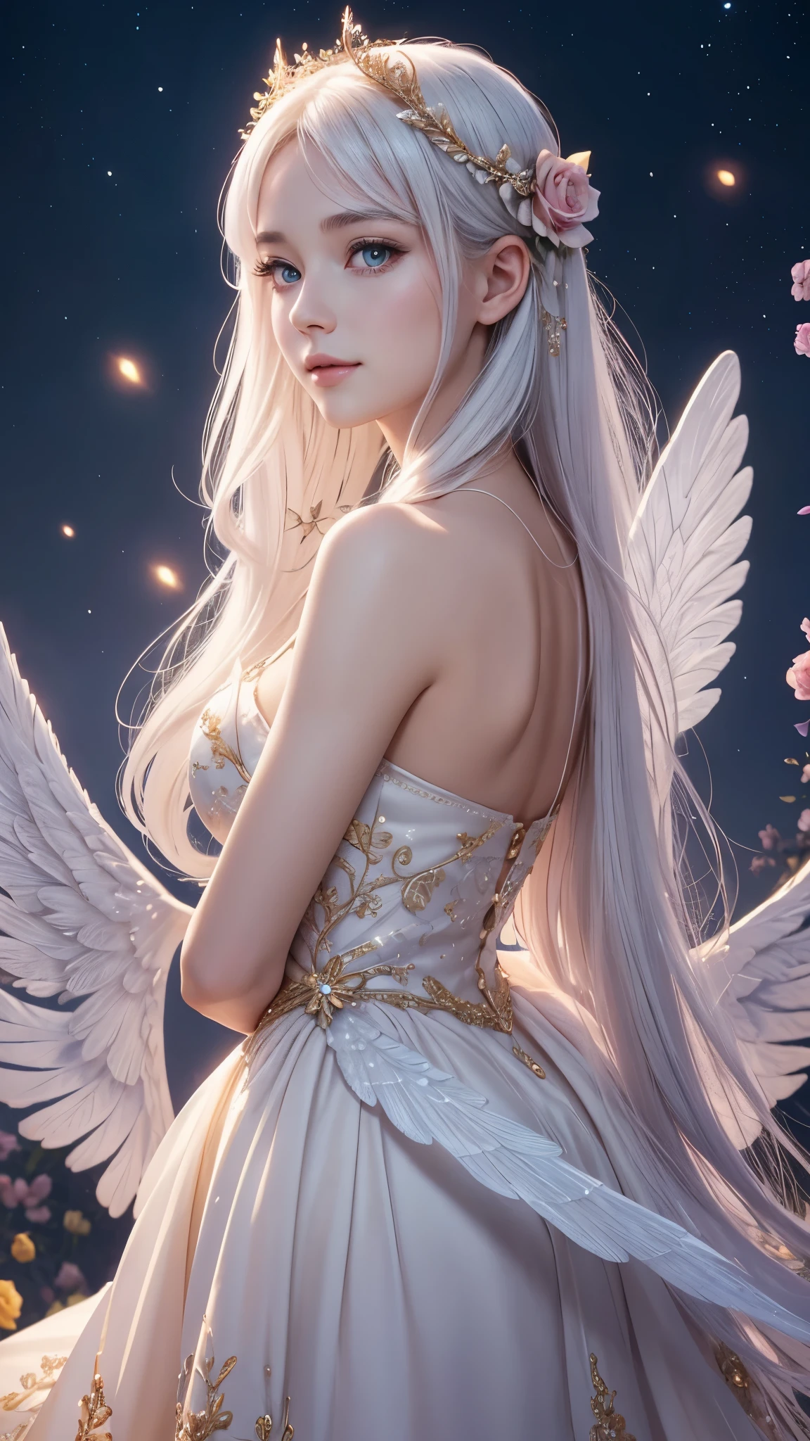 1 moon,Dear beautiful flower fairy, Peach Eye, white hair,,Flawless face, High nose, Beautiful slender face,Big eyes, Thin lips, clear wings, The wand blows in the wind...、The wand flickered with starlight...,golden wand,Beautiful blue sky and white clouds、girl with transparent wings、Please smile、beautiful garden background、gentle and transparent,anatomy correct, delicate pattern,pink rose space, soft light, ( Bokeh),Masterpiece, very detailed, epic elements, Highest quality, 8ก,Beautiful and romantic fantasy digital art..,Fantastic fairy tale fantasy digital art.,Legendary fantasy,UHD resolution,detailed drawing,in fact,in factมาก,movie light,award winning photos,Various colors,realistic textures, Very realistic,Incredible light