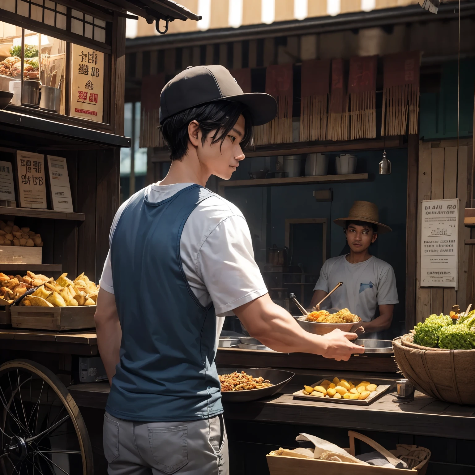 a 30-year-old Indonesian man with a clean face, wearing a shabby gray T-shirt, half-calf pants, wearing a hat made of woven bamboo, frying bananas and cassava, there is a cart with a glass display case filled with fried foods, face facing a frying pan, traditional market background, side view, realistic photography Hyper HD 128K