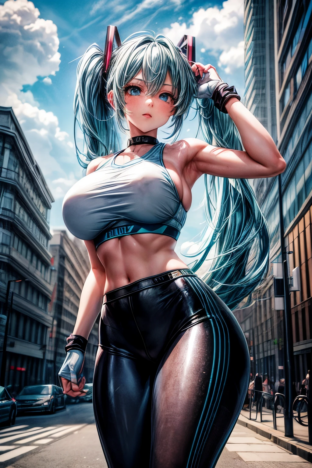 a girl, light blue hair, Hatsune Miku style hair, blue eyes, 20 years old, in berlin, modern city, accessories, sculptural body, best quality, masterpiece, busty, gym shirt, leggings.  , gigantic breasts, giga_busty