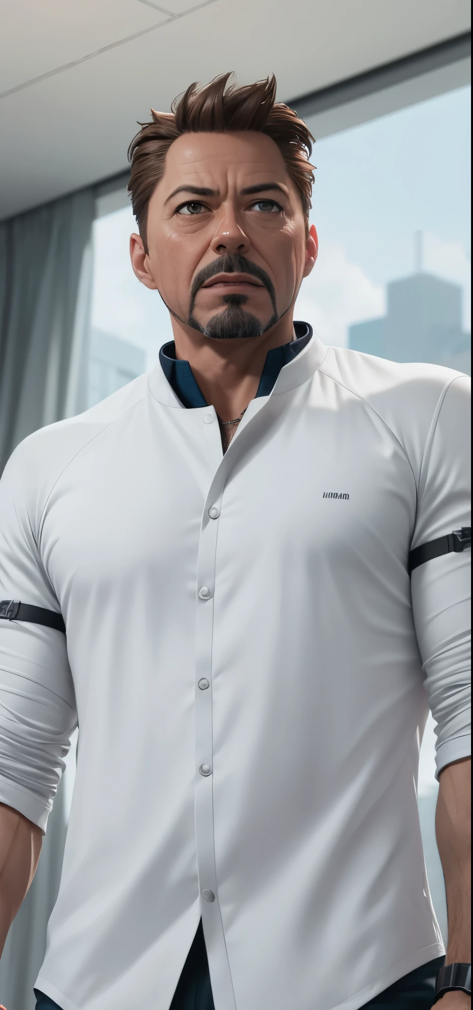 Marvel, Old man Tony Stark, realistically, dynamic lights, old, gray stubble, full shoot, (extremely detailed CG unity 8k wallpaper), trending on ArtStation, trending on CGSociety, High Detail, Sharp focus, dramatic, photorealistic