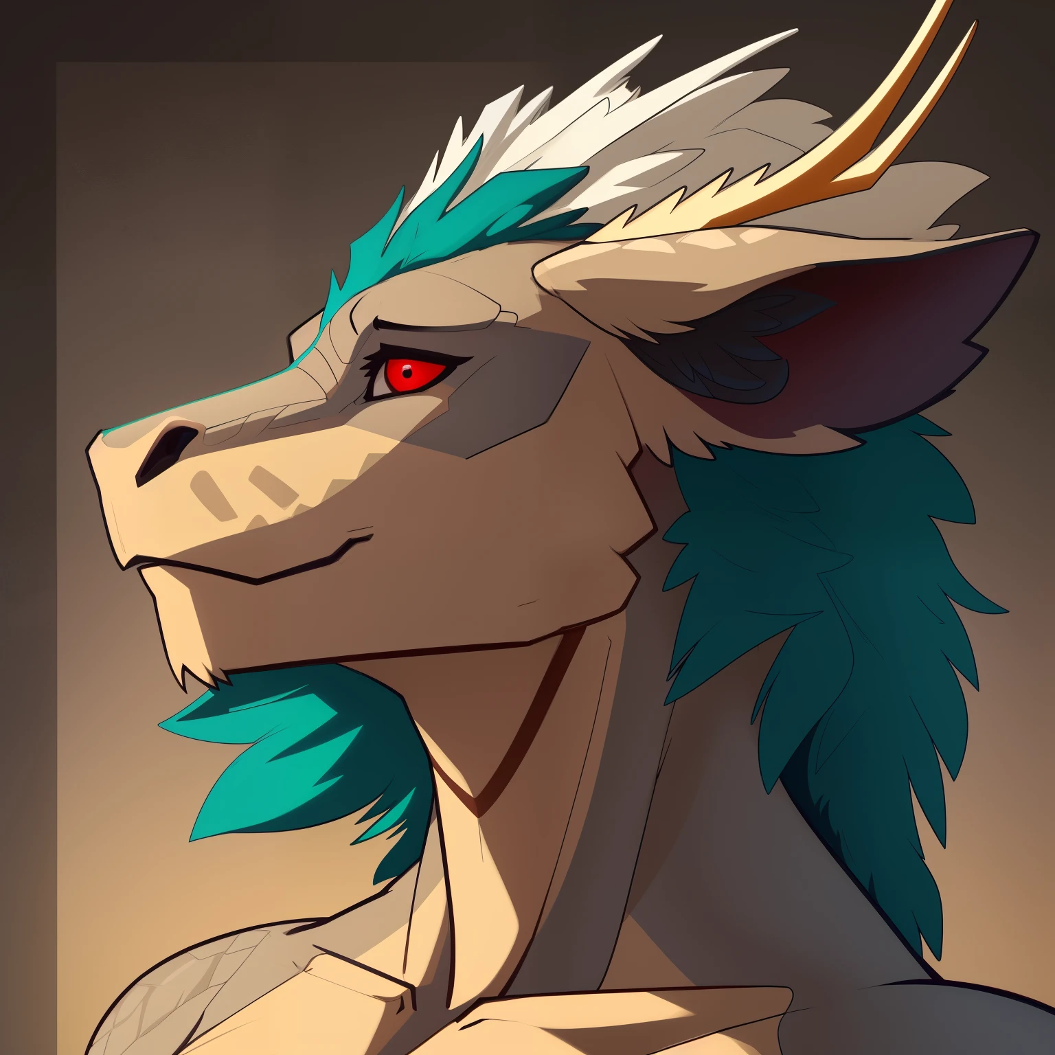 Lean_mature_kirin_horse_hybrid female solo dark_teal_mane very_fluffy beige_furry_body gray_scales red_eyes Masterpiece best_quality absurdres highly_detailed well_drawn_eyes anthro_only by_greasymojo by_runawaystride by_underscore_b by_claweddrip