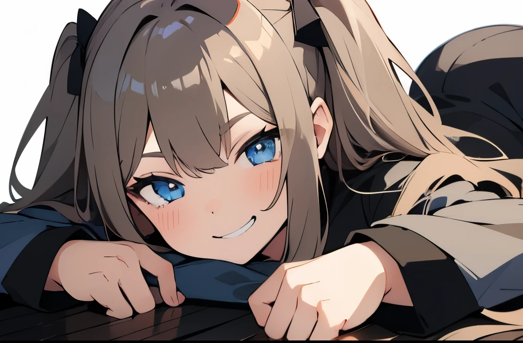 girl、light brown gray hair、hairstyle one side up、blue eyes、slanted eyes、Black Jersey、simple、morning、Grinning face