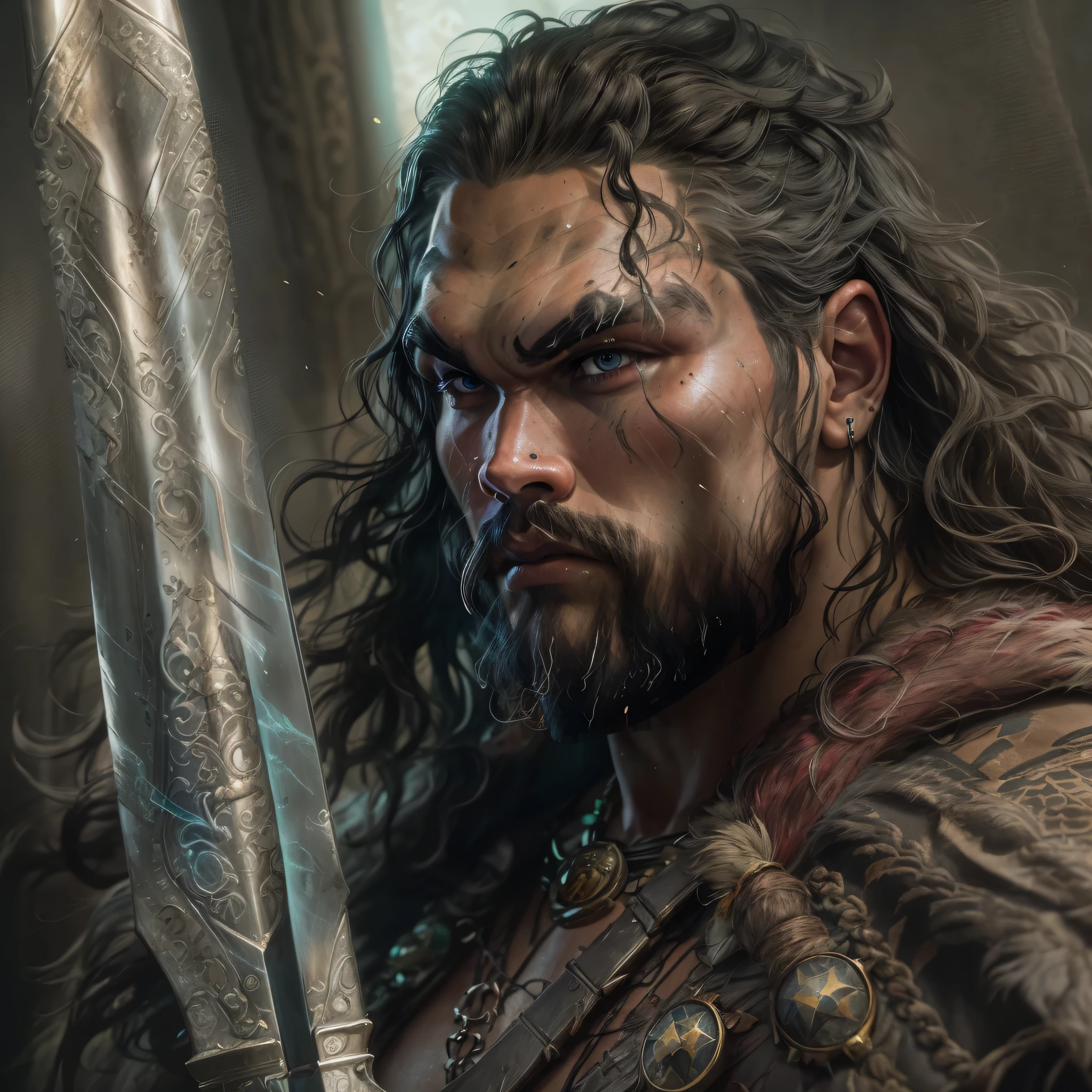 a photo of ((Jason Momoa)) as Conan the Barbarian from Marvel comics, barbarian sword, clean shaven, Intricate, High Detail, Sharp focus, dramatic, photorealistic digital art, photo-realistic, octane render, unreal engine, ultra-realistic