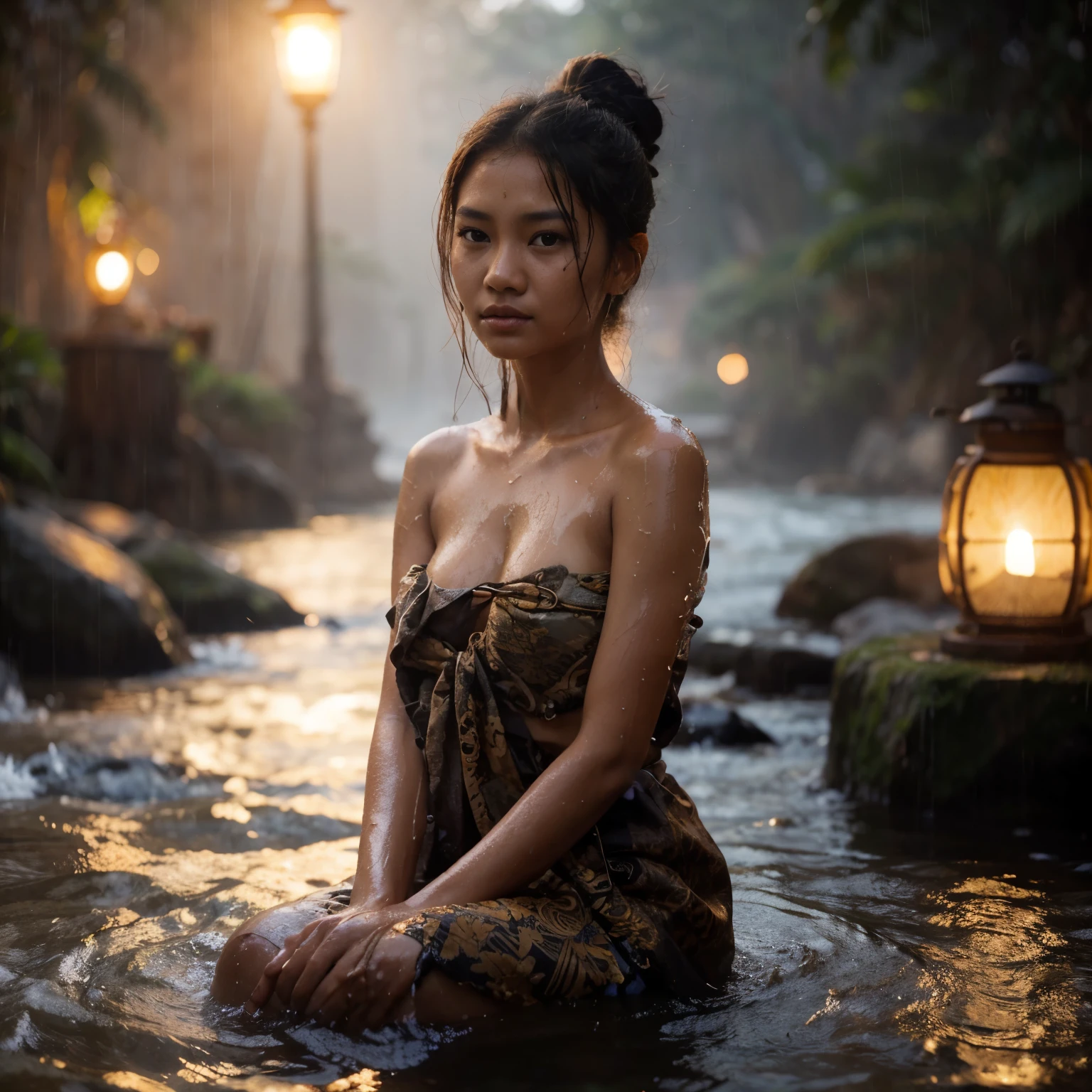 evening, drizzling rain, backlight, naturally beautiful Indonesian Javanese girl, ************, detailed face, moist shiny skin, slightly tangled hair tied in a bun, having bath on a river wearing only short batik faded sarong, showing her wet beauty breast, and brown nipples, satisfy expression, the atmosphere is dimly lit, there is only 1 traditional lantern, clear river flows, naturally rocky. hyper realistic photos. Photo taken with Fujifilm XF 56mm f/1.2 R Lens. 35mm, high detailed, wallpaper quality, good anatomy, body, hand & fingers (lora:add_detail:0.8)