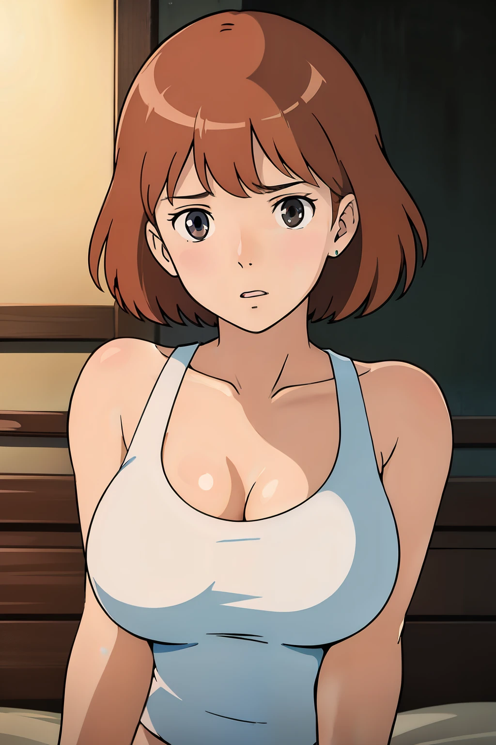 Nausicaa, 1girl, solo, cute, slim, brown hair, (looking at away, from below), upper body, huge breasts, (white tanktop), sit, bed, (perfect detailed anatomy, beautiful face&eyes, perfect body)