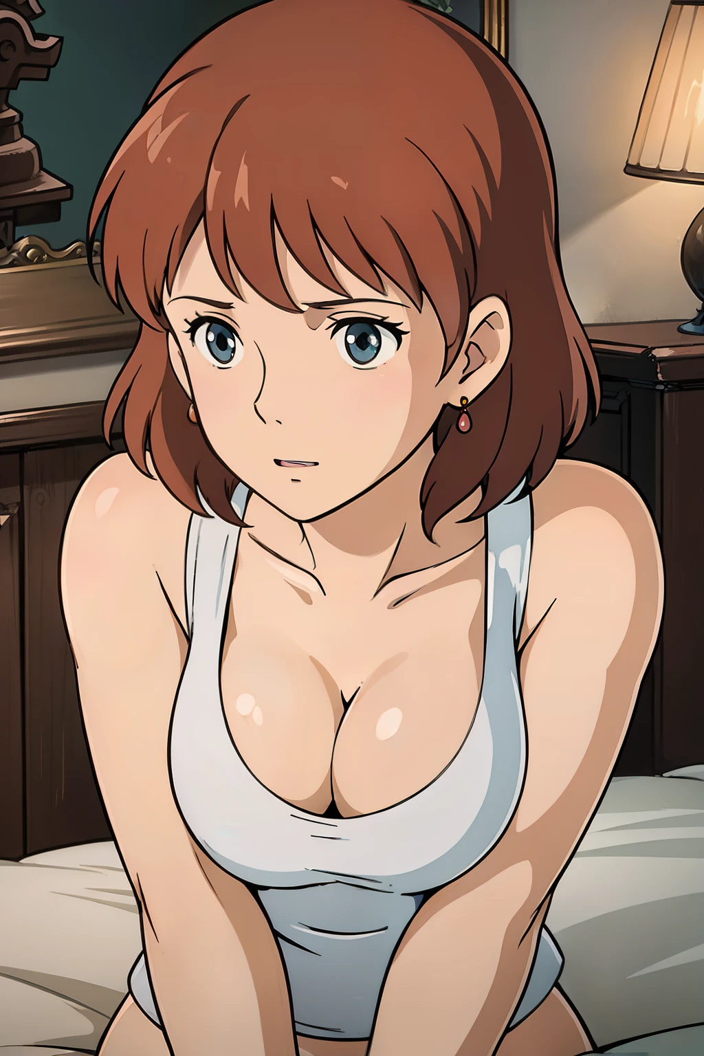 Nausicaa, 1girl, solo, cute, blush, slim, brown hair, (looking at away, cleavage), upper body, large breasts, (white tanktop), sit, bed, (perfect detailed anatomy, beautiful face&eyes, perfect body)