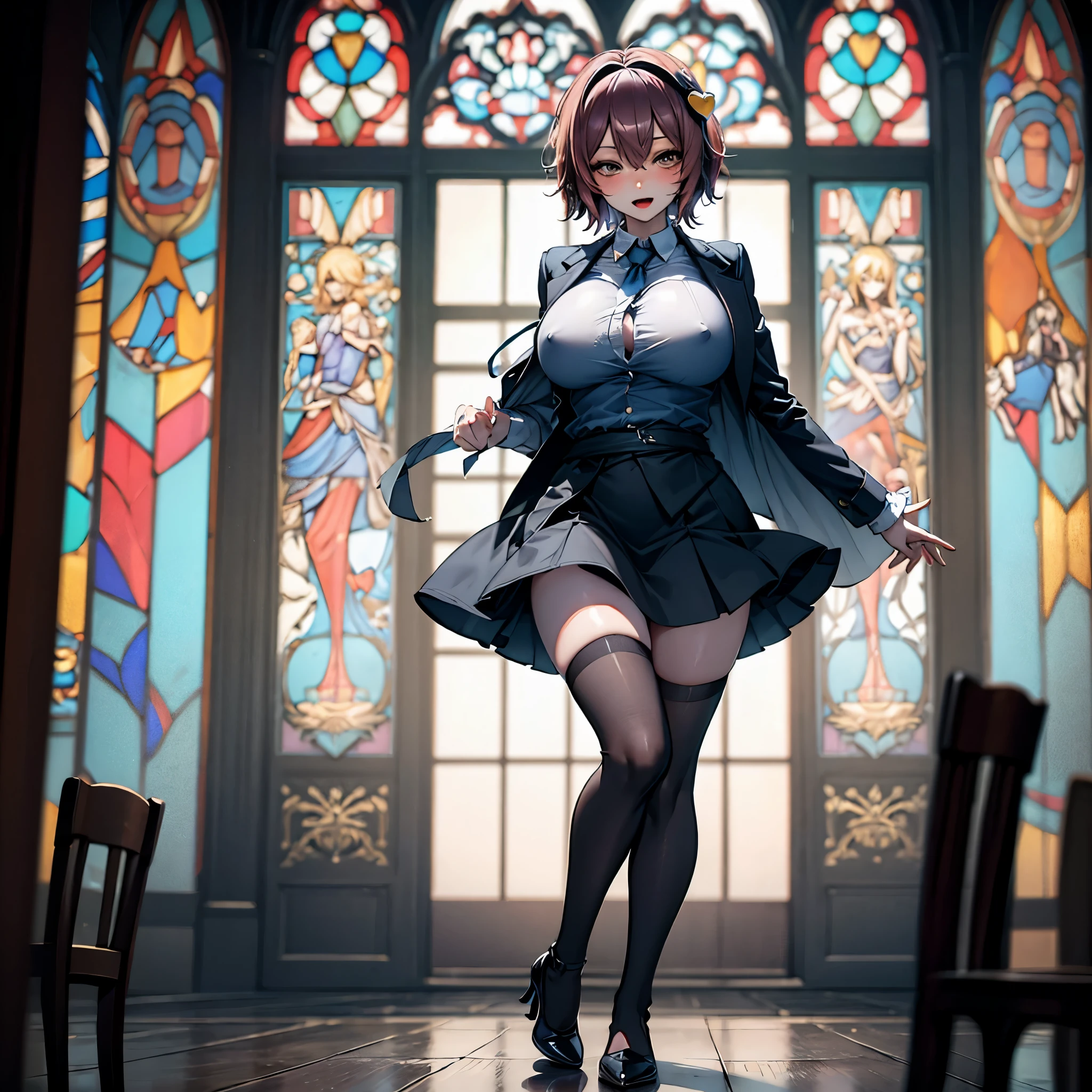 (Satori toho character:1.1), (solo), (standing), (stained glass), BREAK, short hair, (huge perky breasts), bursting breasts, (inconceivably thin waist:1.2), (very long legs), BREAK, (black blazer:1.3), (black thighhighs:1.35), (very short black high-waist skirt:1.3) cinches waist too tight, (highheels), BREAK, nose blush, sad smile, open mouth, BREAK, masterpiece, ultra-detailed, full body