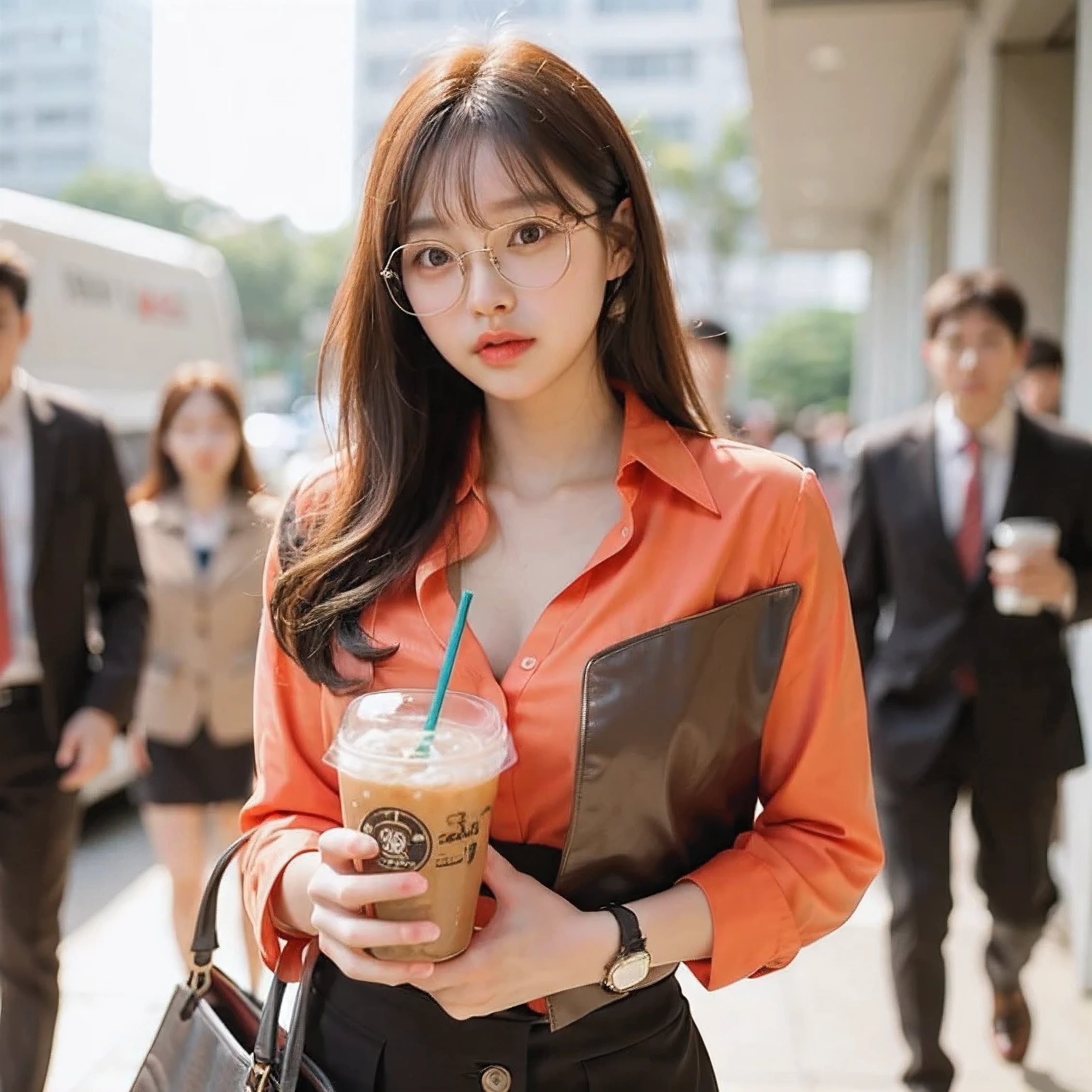 A woman in an orange shirt and black skirt holds a drink and a laptop.., Korean girl, นางแบบแฟชั่นkorean woman, korean woman, beautiful south korean woman, gorgeous young korean woman, beautiful young korean woman, Sakimi-chan, a young asian woman, Business Clothing, office clothes, attractive woman, asian woman, business woman, young business woman, young asian woman
