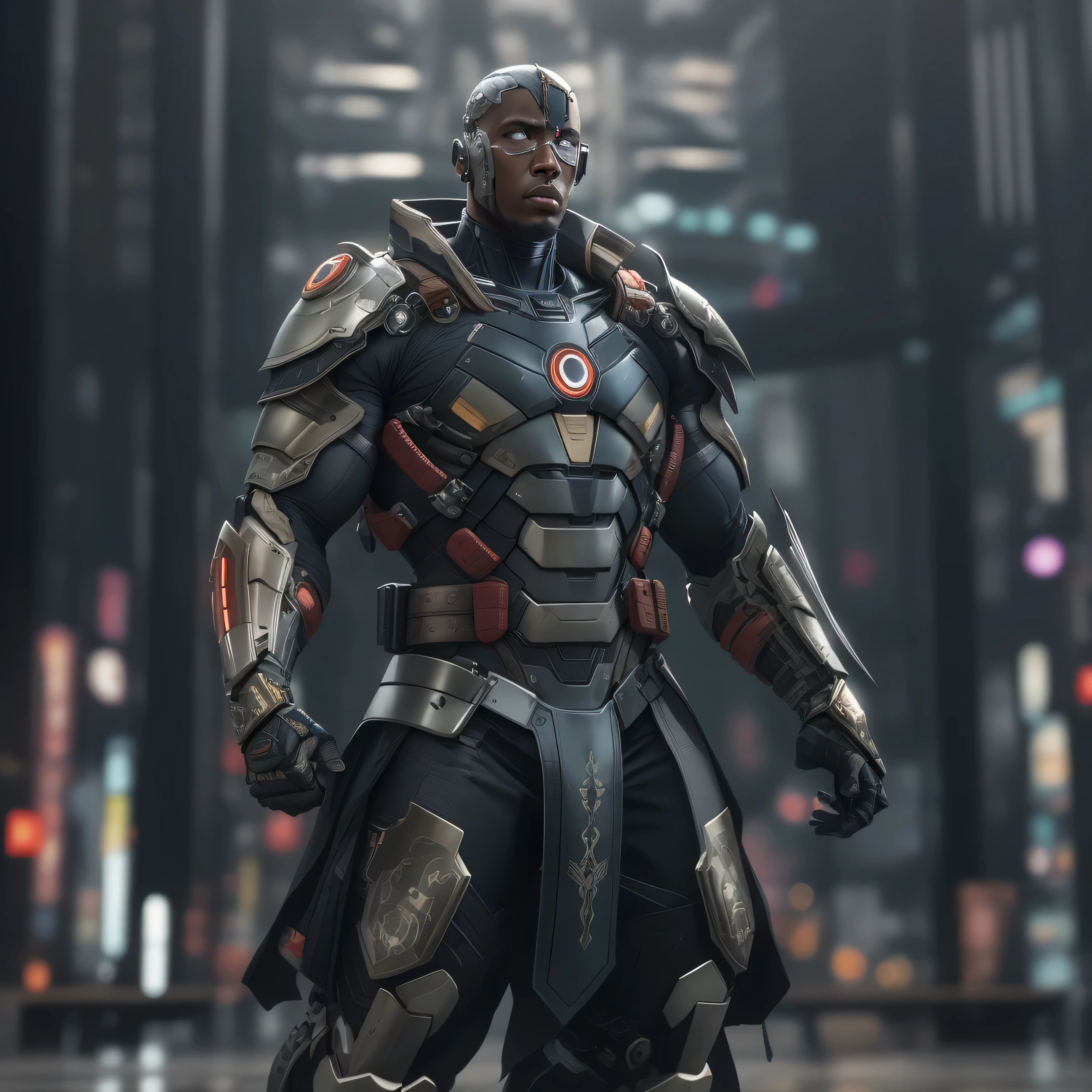 Full body image, DC Comics, Cyborg Victor Stone, black man, samurai armor, photo-realistic, octane render, unreal engine, ultra-realistic