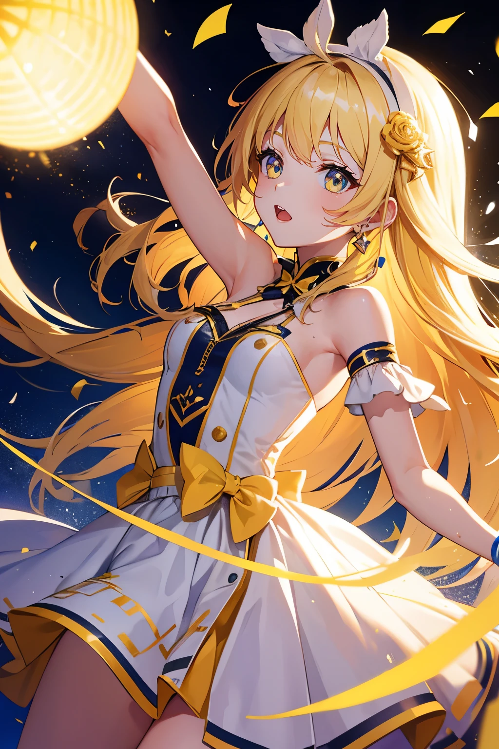 (muste piece), (best quality), very detailed, ((1 girl)), solo focus,Low - Angle,dynamic,jump,((close your eyes and laugh)),wink,perfect face, beautiful face, very detailedな顔,(blonde long hair_yellow eyes:1.3),idol costume,Solo Idol,Ribbon hair ornament,concert dome,live,have a microphone,singing,Smiling with mouth wide open,Laser Light,confetti