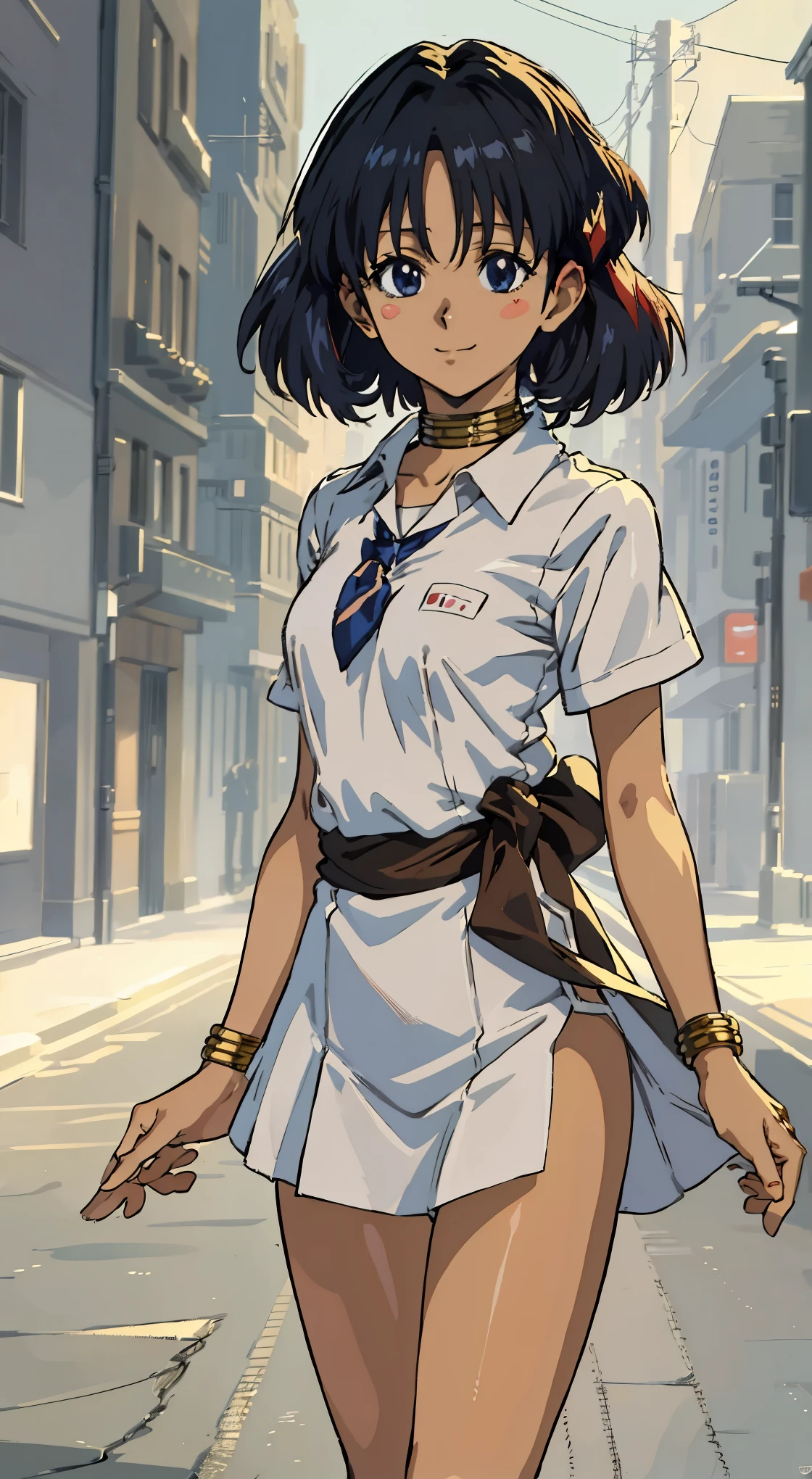 ((masterpiece, best quality illustrations)),(((extremely detailed anime:1.5,beautiful anime face:1.5))),cowboy shot,1woman,solo,20 year old beauty、nadia la arwall:1.2,focus face,smile,ideal ratio body proportions,slender body,medium breasts,short cut hair,(dark skin:1.2),oliy skin,standing,school clothes、White shirt with collar、short sleeve、white pleated skirt、micro mini skirt、bustling street、Tokyo、