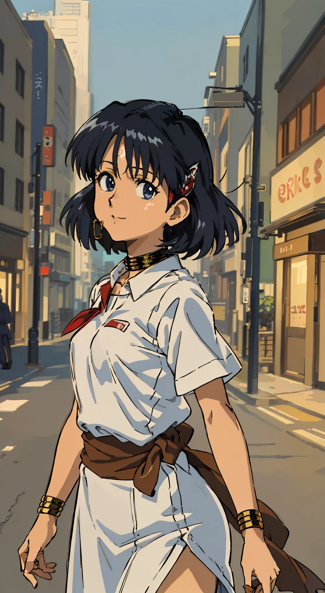 ((masterpiece, best quality illustrations)),(((extremely detailed anime:1.5,beautiful anime face:1.5))),cowboy shot,1woman,solo,20 year old beauty、nadia la arwall:1.2,focus face,smile,ideal ratio body proportions,slender  body,medium breasts,short cut hair,(dark skin:1.2),oliy skin,standing,school clothes、White shirt with collar、short sleeve、white pleated skirt、micro mini skirt、bustling street、Tokyo、