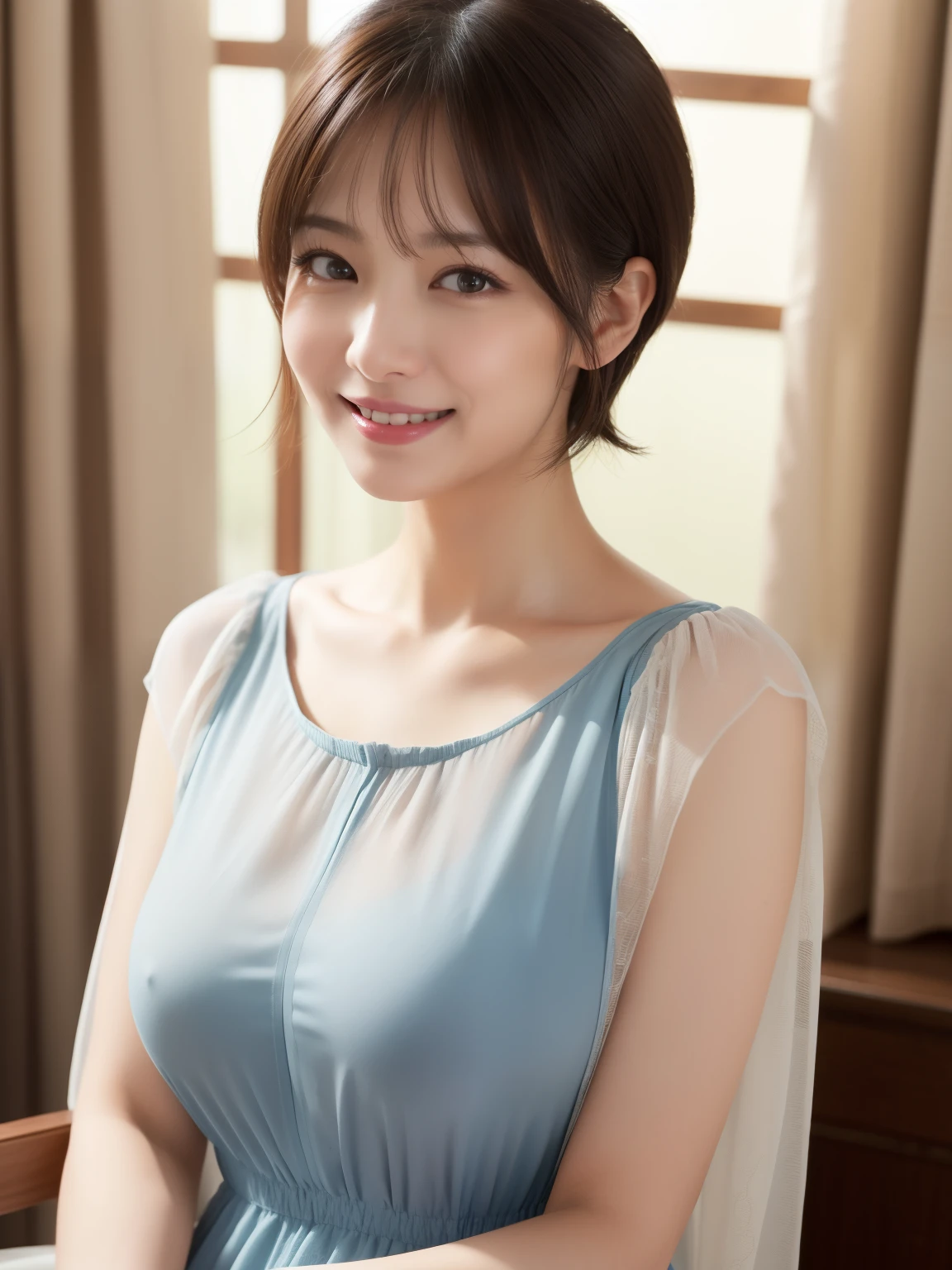 ((masterpiece))、((highest quality))、photograph、reality、High level image quality、Super detailed、married woman、40 years old、(plump body)、delicate features、short hair、Realistic background and accessories、big and full breasts、round breasts、Sit in front、small navy blouse、See-through、Close-up、Right in front of you、Super close-up、looking up、A sweet gaze、((Room with curtains closed、darkness、night))、smile、