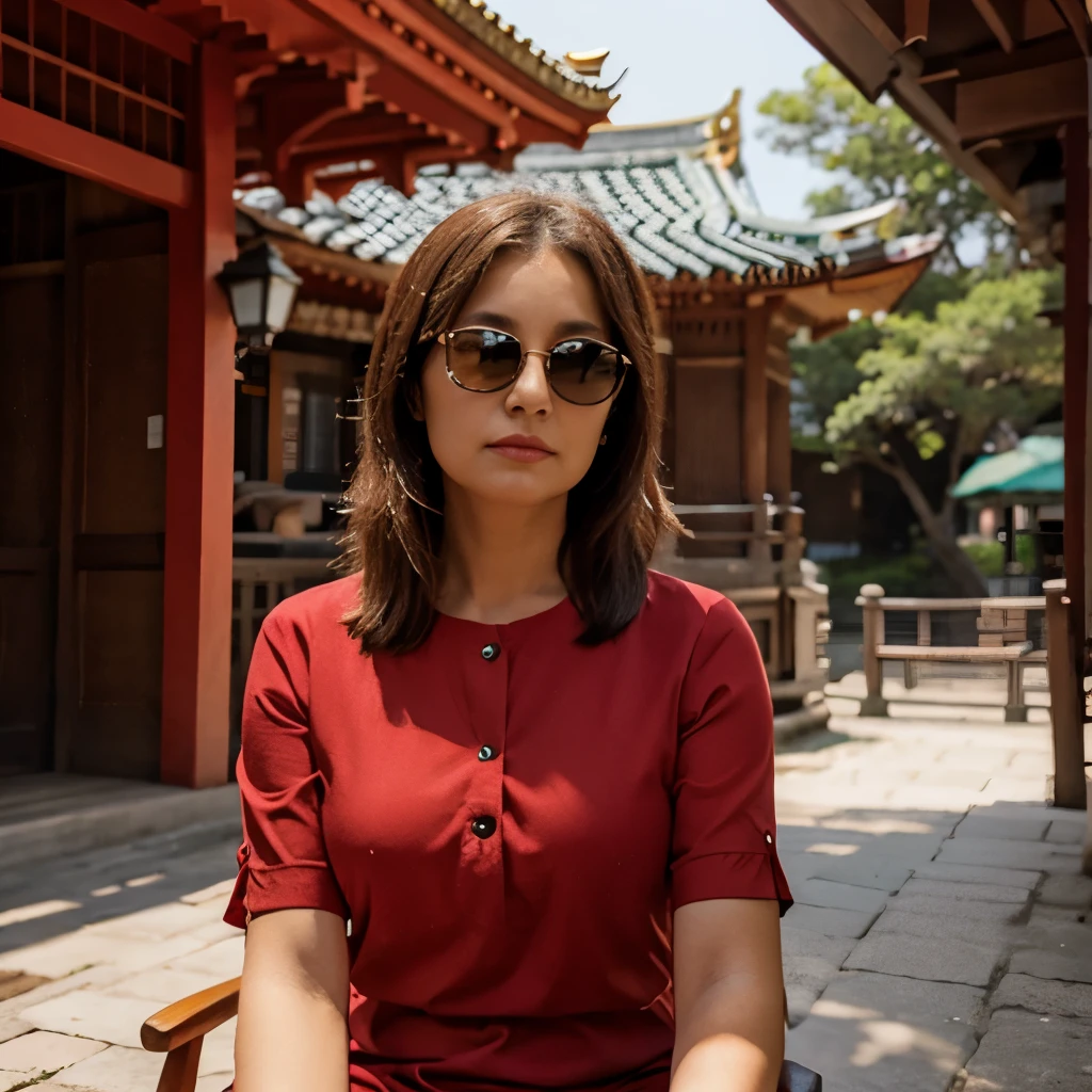 Middle age woman wearing sunglasses and red clothes sitting in front of the pagoda 