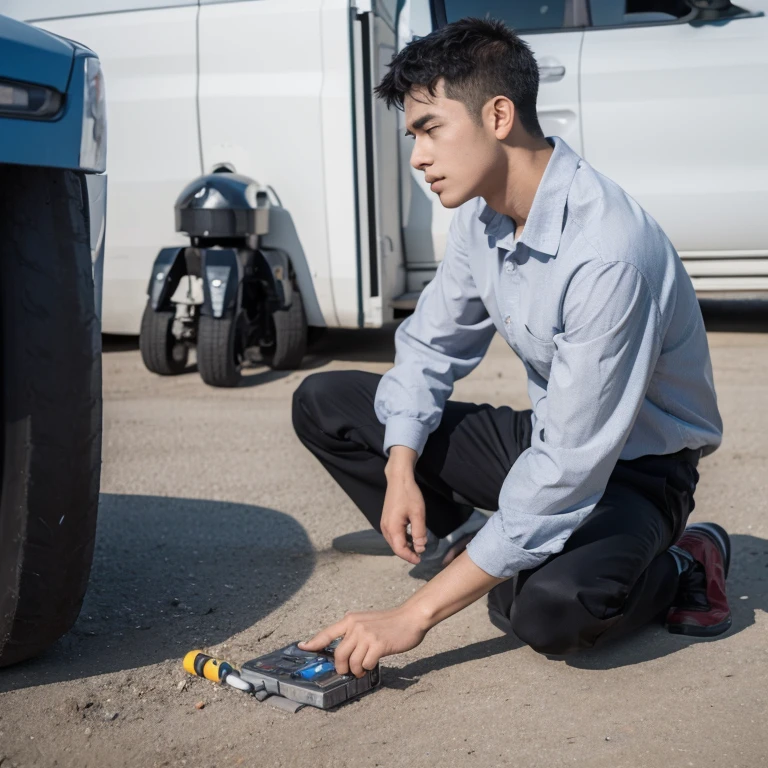 Boy sitting on ground with robot broken hand body