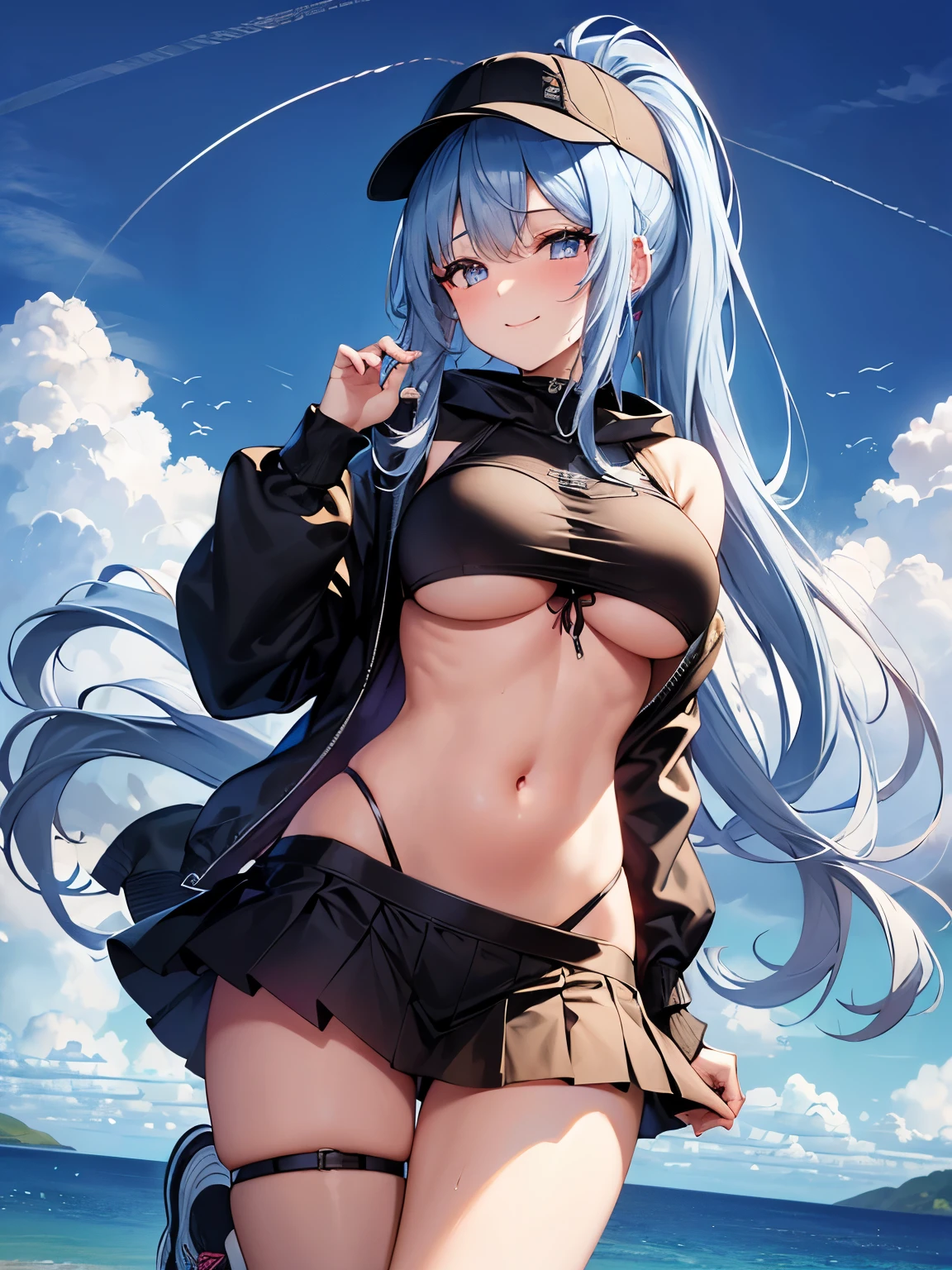 (masterpiece、very detailedな、intricate details、 sharp focus、 8K、被写界深度masterpiece、very detailed、intricate details、sharp focus 被写界深度、ultra high resolution:1.3、1 female、modern:1.3、solo:1.3、whole body)、
high ponytail、(hoodie、skirt、sneakers、hat)、
light blue hair、Beautiful pink eyes、bust 85cm、big breasts、belly button、
provocation、smile、Grins、Do not put out teeth、blush、
horizontal line、on the sea、Beautiful night sky、
wet、Stuffy、Sexy、perfect body、No bra、clothes that emphasize the chest