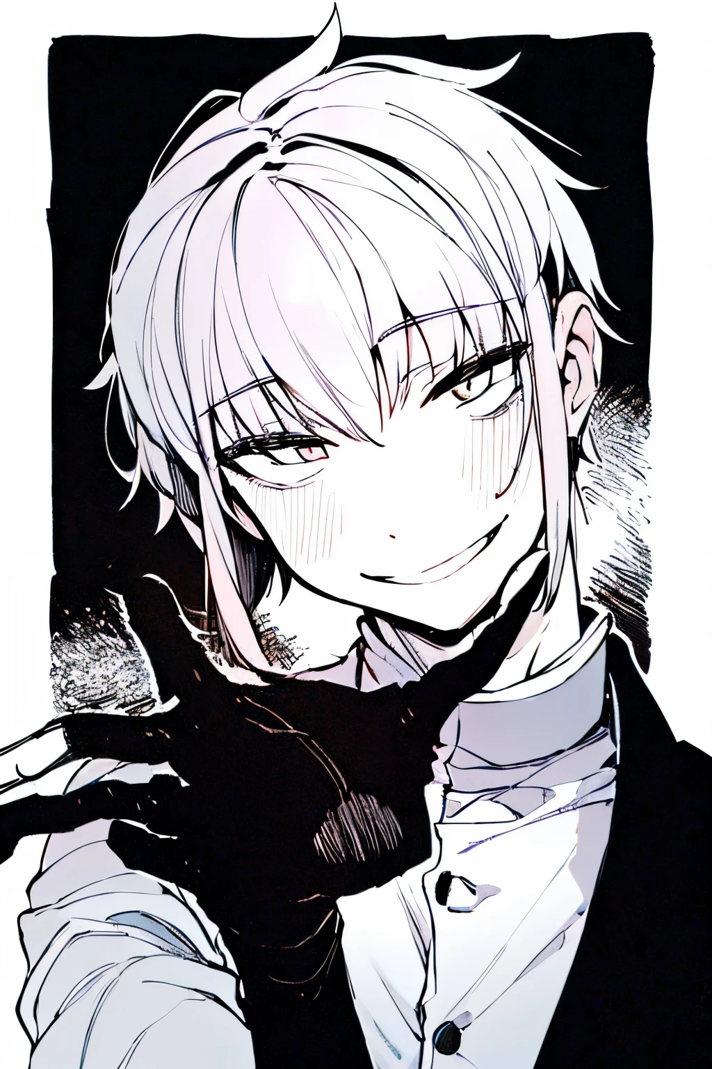 masterpiece,  1 boy,  smile, close, Upper body, (monochrome:0.8), silver hair,short hair