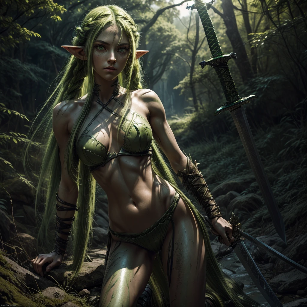 1girl, ((medium chest)), (cut abdomen: 1.1), (perfect body: 1.1), (long straight hair: 1.2), ((braided long green hair)), ((Green eyes)) ((eyes emitting a green glow)), full body, elf, dark skin, wearing ancient leather clothing sewn and beaten extremely detailed and with rich details, body with many scars highlighted and detailed, image depicting an elven warrior post battle some scratches, marks on the body, expression very serious and concentrated wandering the bank of the river. (((Huge, overly detailed and heavily battle damaged sword))). (extremely detailed 8k CG wallpaper), (extremely delicate and beautiful), (masterpiece), (best quality: 1.0), (ultra high resolution: 1.0), beautiful lighting, perfect lighting, realistic shadows, [high resolution ], detailed skin, ((skin texture)), super detailed, nsfw, exposed
