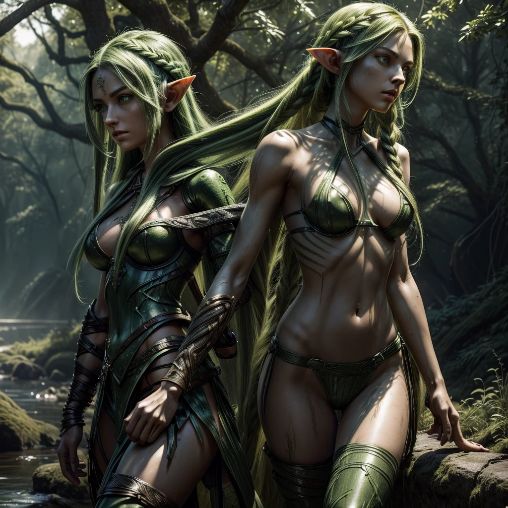 1girl, ((medium chest)), (cut abdomen: 1.1), (perfect body: 1.1), (long straight hair: 1.2), ((braided long green hair)), ((Green eyes)) ((eyes emitting a green glow)), full body, elf, dark skin, wearing ancient leather clothing sewn and beaten extremely detailed and with rich details, body with many scars highlighted and detailed, image depicting an elven warrior post battle some scratches, marks on the body, expression very serious and concentrated wandering the bank of the river. (((Huge, overly detailed and heavily battle damaged sword))). (extremely detailed 8k CG wallpaper), (extremely delicate and beautiful), (masterpiece), (best quality: 1.0), (ultra high resolution: 1.0), beautiful lighting, perfect lighting, realistic shadows, [high resolution ], detailed skin, ((skin texture)), super detailed, nsfw, exposed
