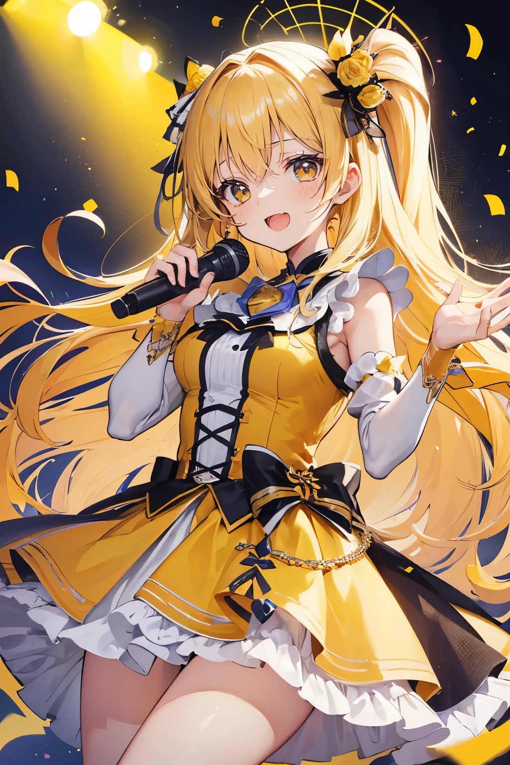 (muste piece), (best quality), very detailed, ((1 girl)), solo focus,Low - Angle,dynamic,jump,((close your eyes and laugh)),wink,perfect face, beautiful face, very detailedな顔,(blonde long hair_yellow eyes:1.3),idol costume,Solo Idol,Ribbon hair ornament,concert dome,live,have a microphone,singing,Smiling with mouth wide open,Laser Light,Spotlight,confetti