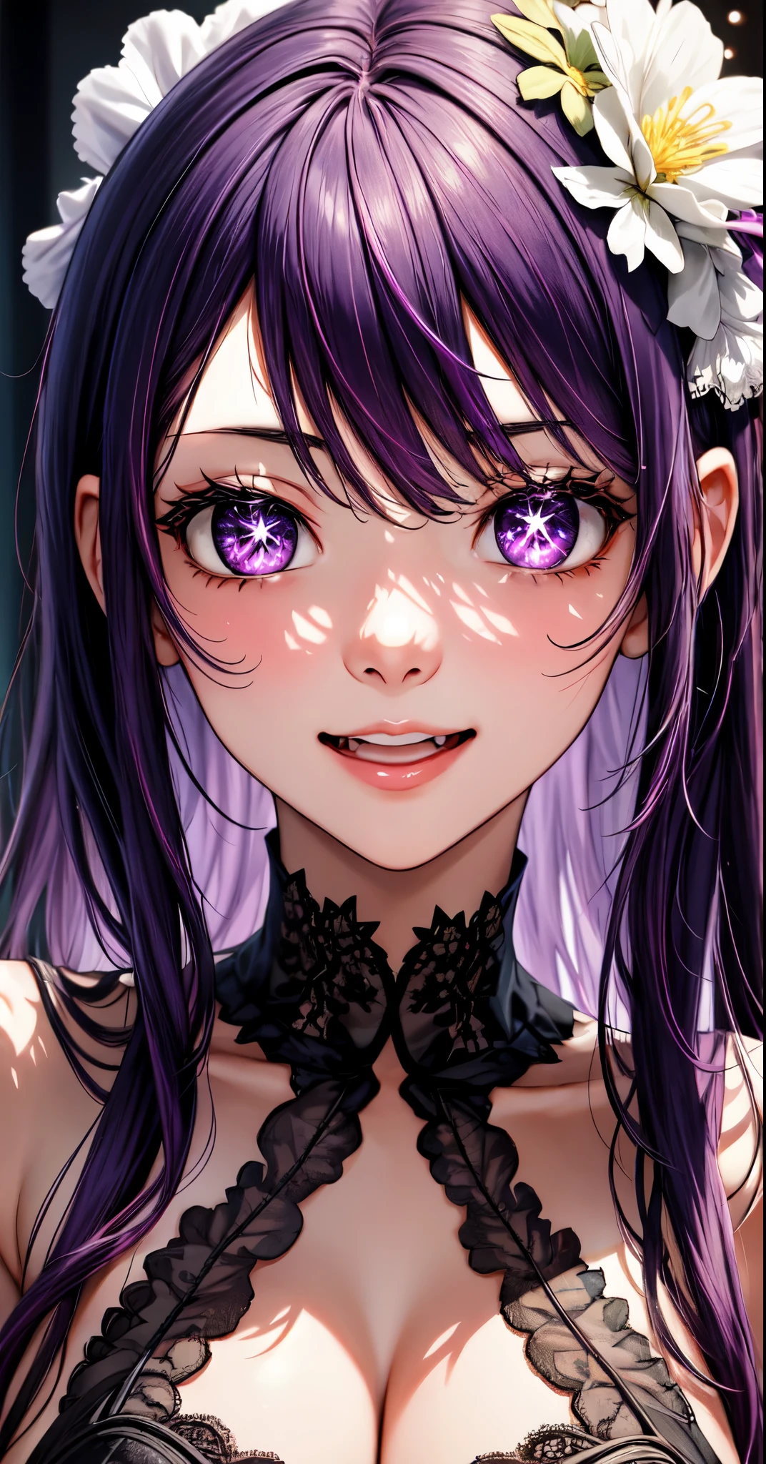 anime, beautiful face, highly detailed face, purple detailed eyes, star shaped pupils, highly detailed background, perfect lighting, best lighting, hair ornament, 1girl, solo, ai hoshino, oshi no ko, indoors, (beautiful purple hair:1.2), absurdres, high res, ultrasharp, 8K, masterpiece, looking at viewer, affectionate smile, out of breath, clear mouth wide open, BREAK detailed black sexy body lingerie, (intricate all lace:1.3), (transparency:1.6), (extremely close up:1.3), (upper body portrait:1.3)