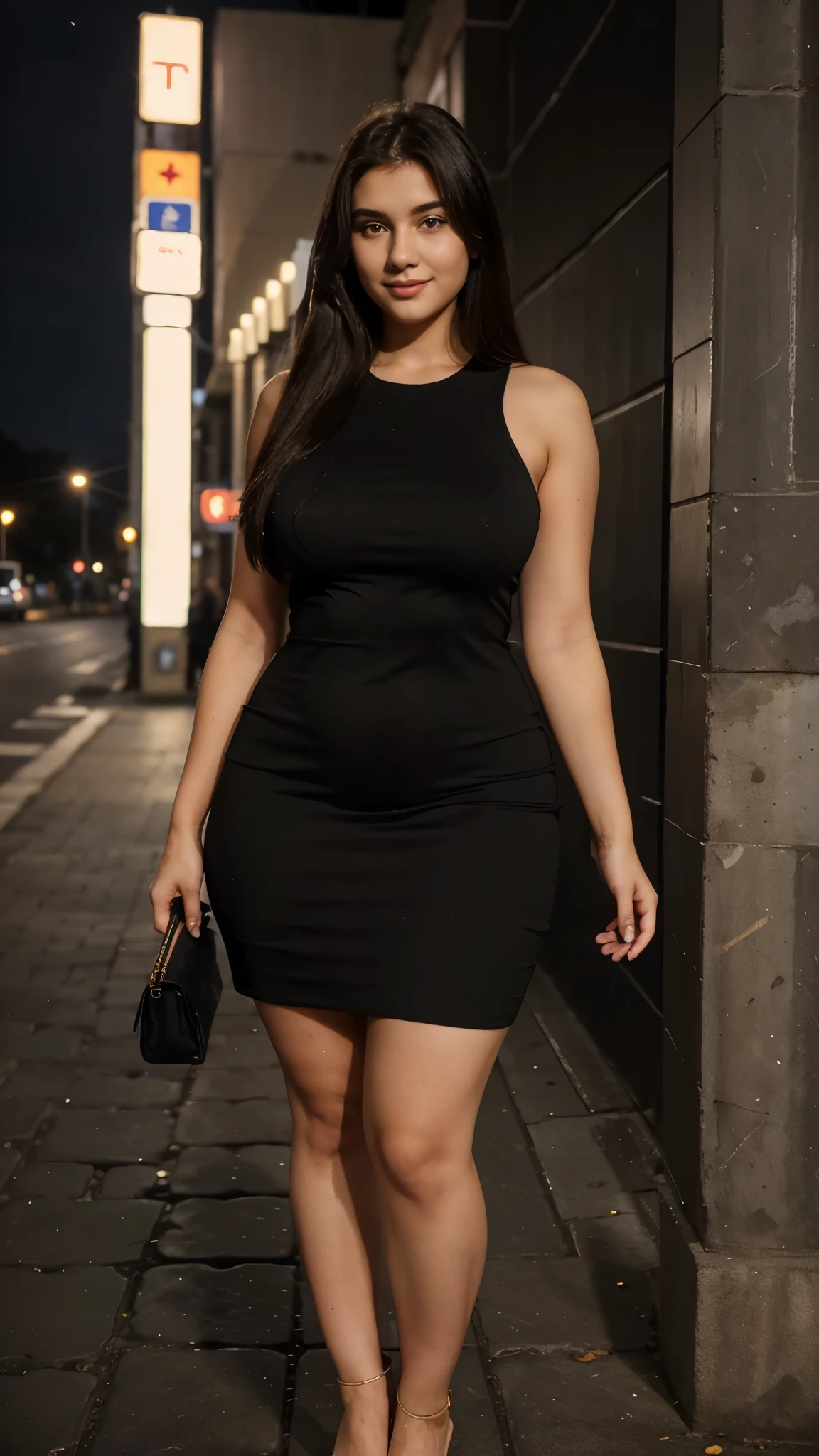 23 years old lady, big thighs, nice dress, medium size , perfect body, perfect face, looking towards camera, mild smile, black, night, street, left view, outside club, whole body including feet should visible from distance