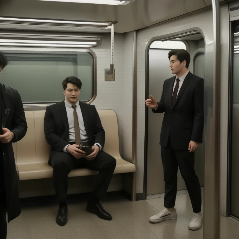 1人,A 20-year-old man in the subway,Standing in a subway car,Ultra-flat head,Wearing a suit,huge bulge, leg apart,musculous,Handsome,Look at your phone,Wear AirPods,Wear an Apple Watch,Sport backpack,white short socks,White sneakers,pervert smirk,exhilarated,full bodyesbian,Exposing thighs,Expose calves,Thick leg hair,In crowded subway cars,gentlesoftlighting,tmasterpiece,best qualtiy,8K UHD,digital SLR camera,filmgrain,Fujifilm XT3 Realistic painting art,Written by Midjourney and Greg Rutkowski