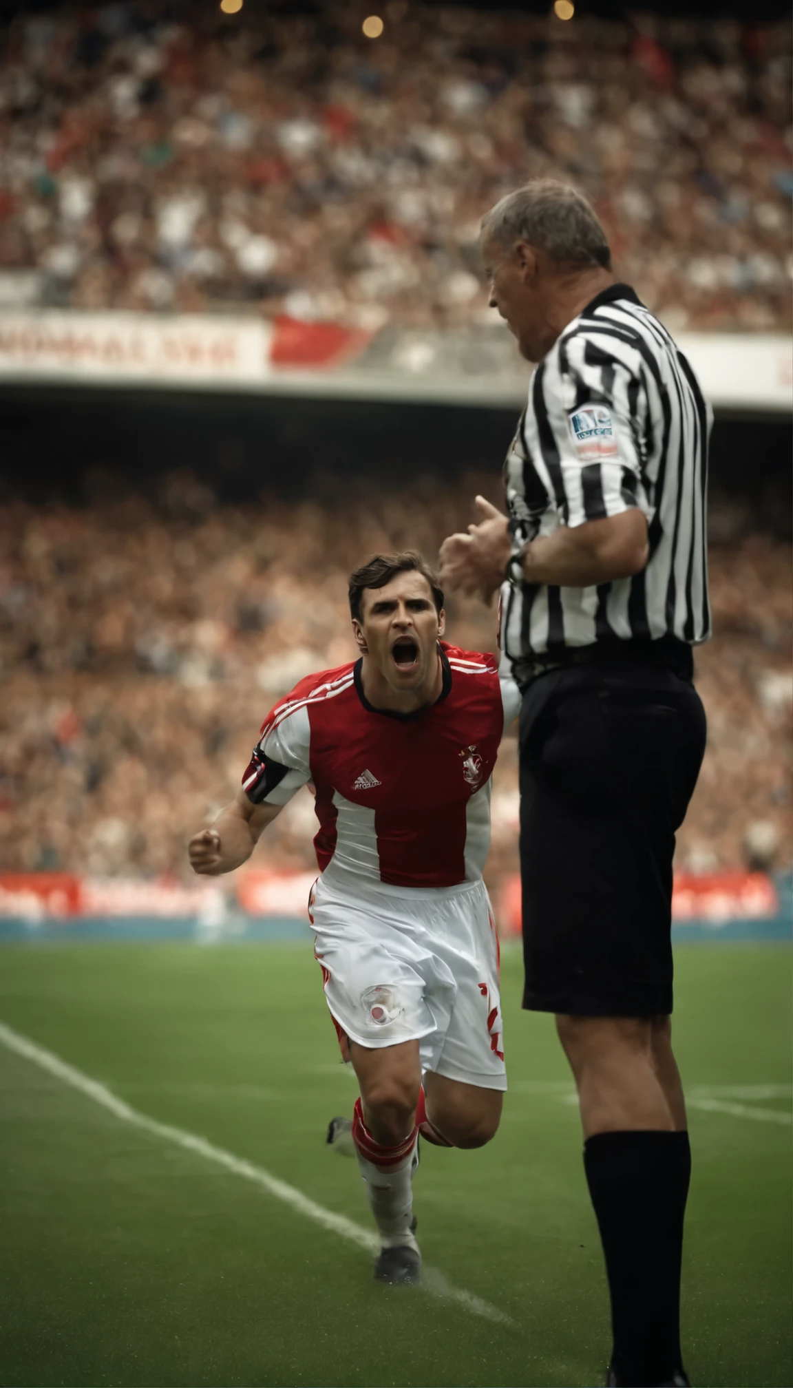 "AI, create a photo that realistically captures the intense moment of a European football player engaging in a heated argument with the referee. The image should convey the emotions and tension, with the player gesturing or expressing frustration while the referee maintains authority. Highlight the conflict and drama of the situation, emphasizing the intensity of the interaction between the player and the official."