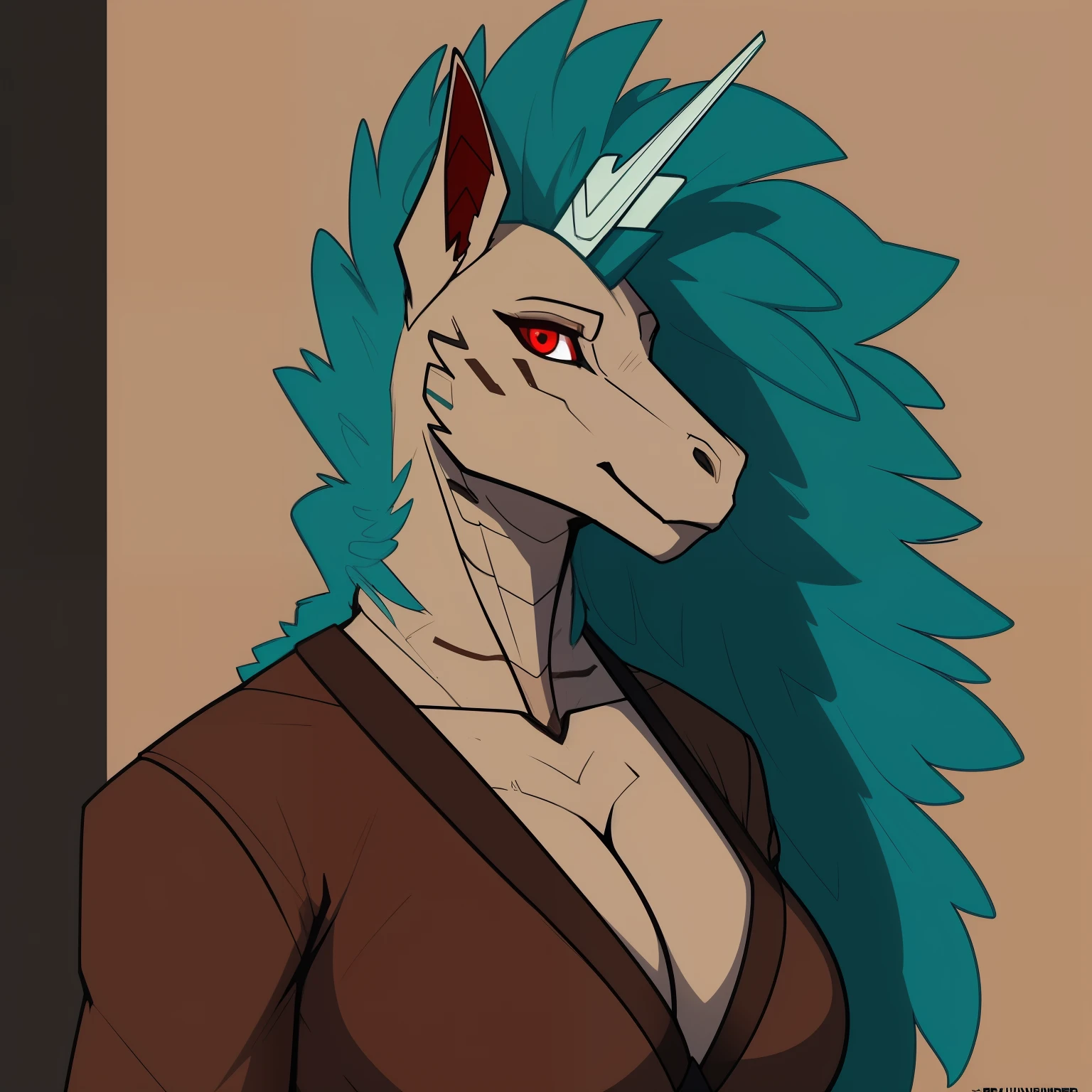 Lean_mature_kirin_horse_hybrid female solo dark_teal_mane very_fluffy beige_furry_body gray_scales red_eyes Masterpiece best_quality absurdres highly_detailed well_drawn_eyes anthro_only by_greasymojo by_runawaystride by_underscore_b by_claweddrip