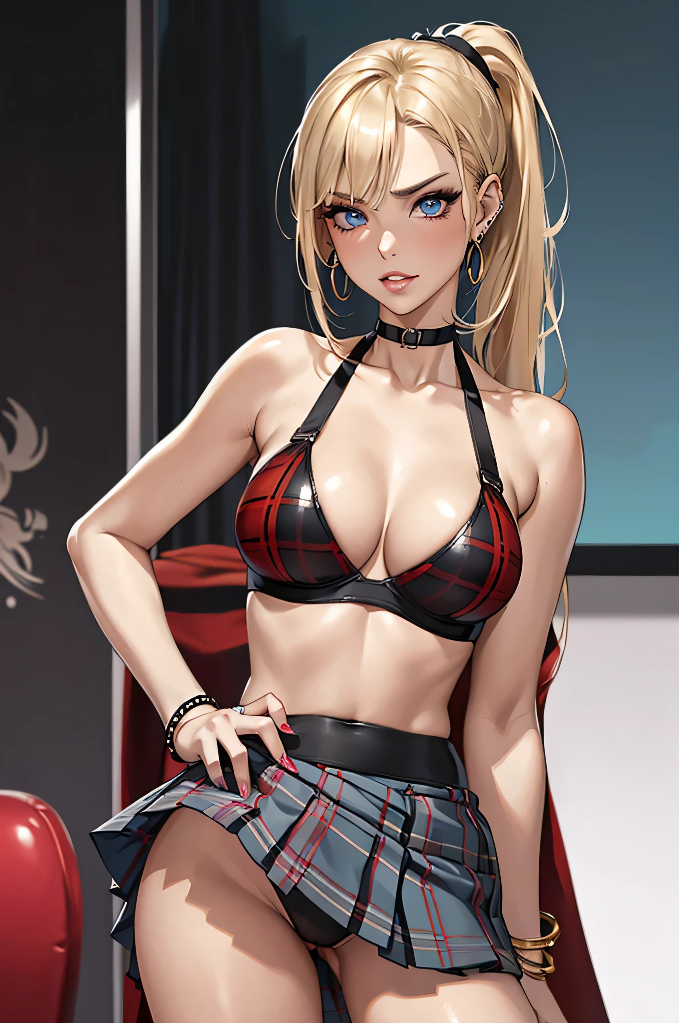 , 1girl,a beautiful fashion model ,(masterpiece, official art, best quality) (blue eyes) shiny hair, long bob, blonde hair with blonde streaks in hair, ponytail, full lips, upturned nose, big , stripping, elegant makeup, exhibitionism, naked in public, , slim thighs, toned body, shiny skin, sexy pose, blue eyes, (((arrogant, flirty)))), narrow hips, wearing high hip thong and see-through top, , ((girl wearing white open top with black bra and red plaid skirt, embarrassed)), gold hoop earrings, pink eyeshadow, thong, cute face, gym,