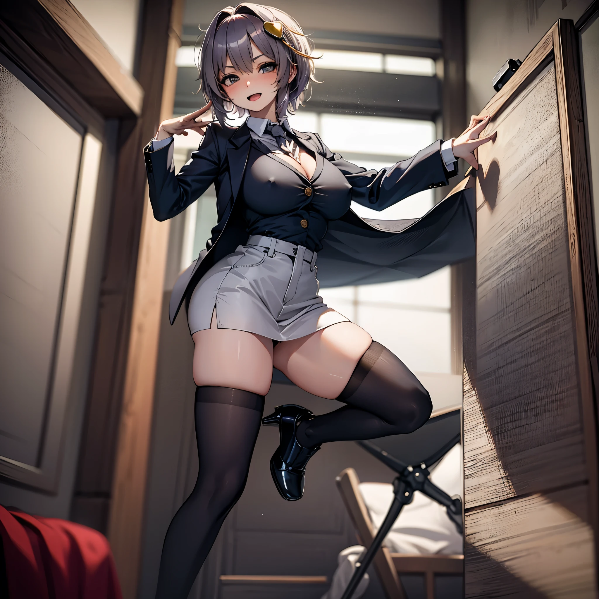 (Satori toho character:1.1), (solo), (standing), (stained glass), BREAK, short hair, (huge perky breasts), bursting breasts, (inconceivably thin waist:1.2), (very long legs), BREAK, (black blazer:1.3), (black thighhighs:1.35), (very short black high-waist skirt:1.3) cinches waist too tight, (highheels), BREAK, nose blush, sad smile, open mouth, BREAK, masterpiece, ultra-detailed, full body