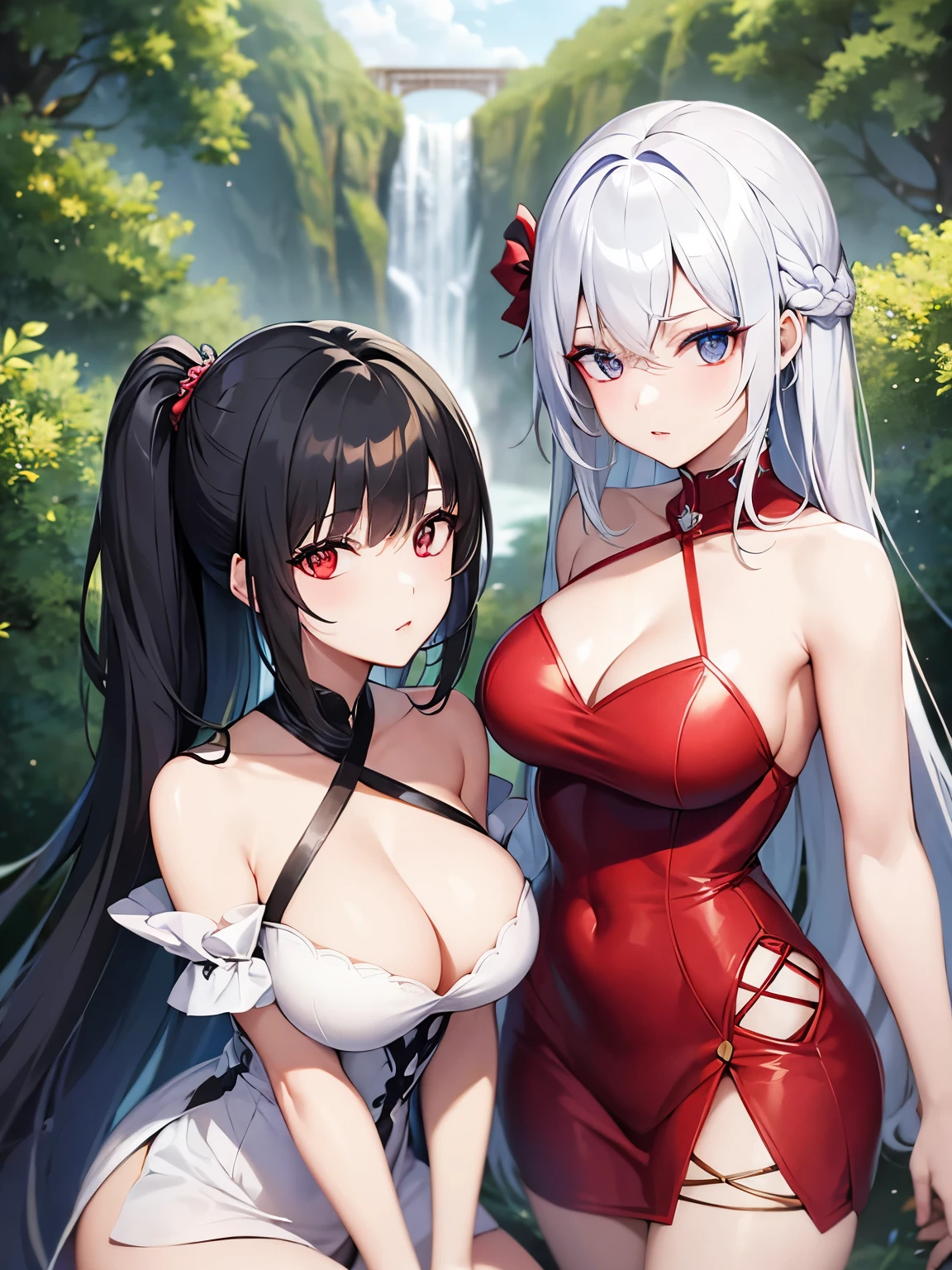 2 lady , lady 1 red eye , lady 2 blue eye, lady 1 black hair , lady 2 white hair,