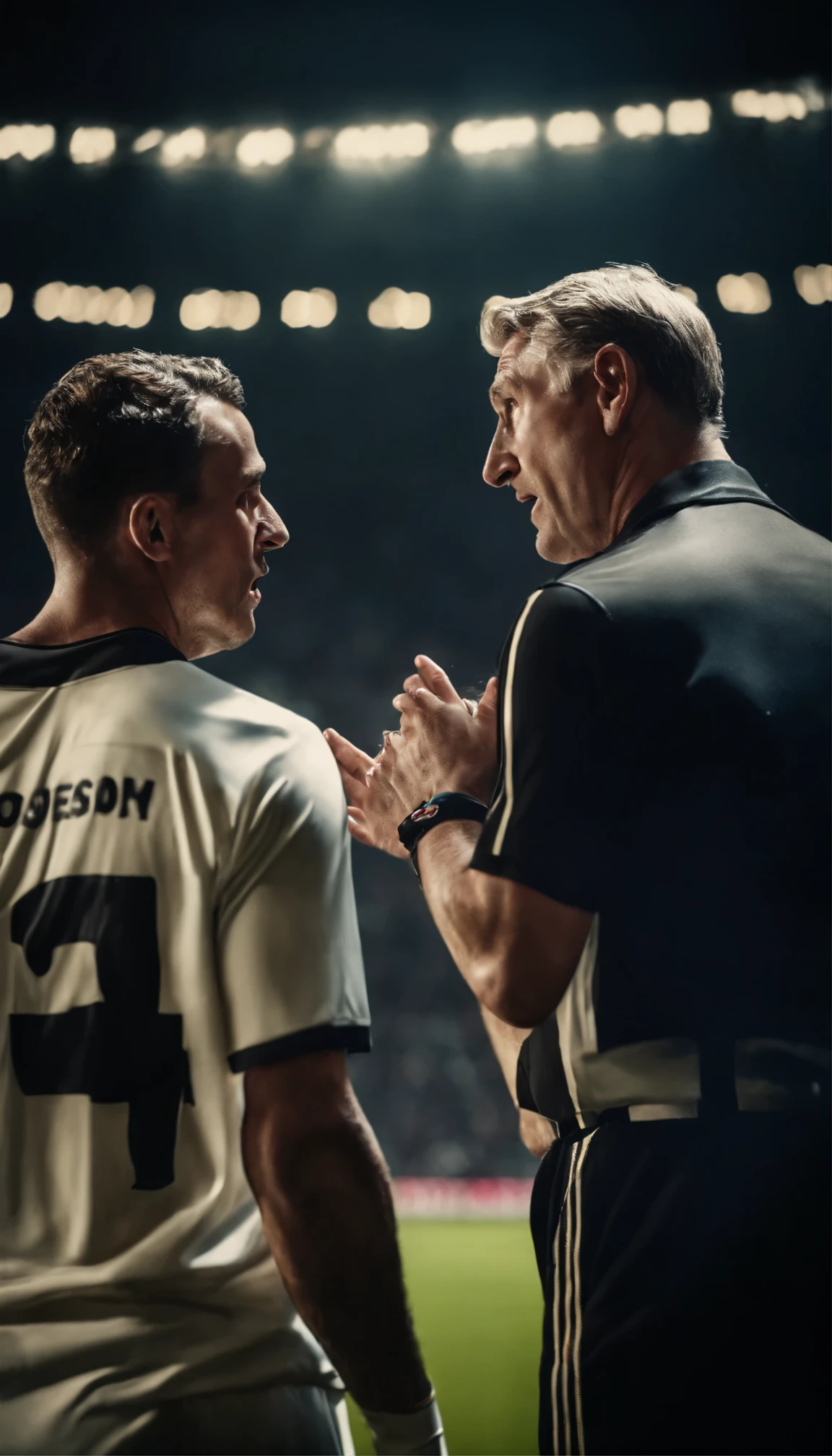 create a photo that realistically captures the intense moment of a European football player engaging in a heated argument with the referee.