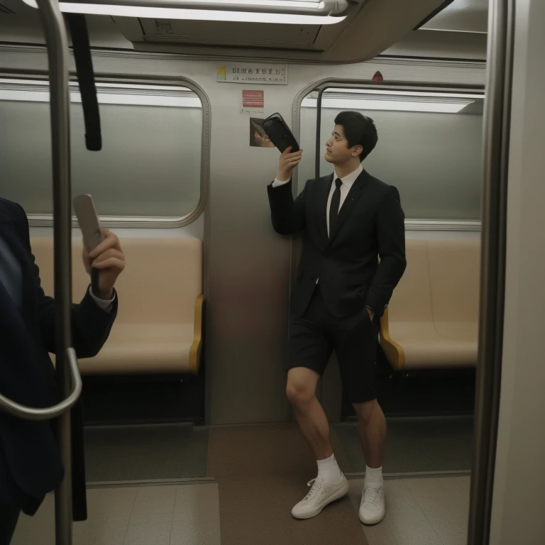 1人，A 20-year-old man in the subway，Standing in a subway car，Ultra-flat head，Wearing a suit，huge bulge,  leg apart，musculous，Handsome，Look at your phone，Wear AirPods，Wear an Apple Watch，Sport backpack，white short socks，White sneakers，pervert smirk，exhilarated，full bodyesbian，Exposing thighs，Expose calves，Thick leg hair，In crowded subway cars，gentlesoftlighting，tmasterpiece，best qualtiy，8K  UHD，digital SLR camera，filmgrain，Fujifilm XT3 Realistic painting art，Written by Midjourney and Greg Rutkowski