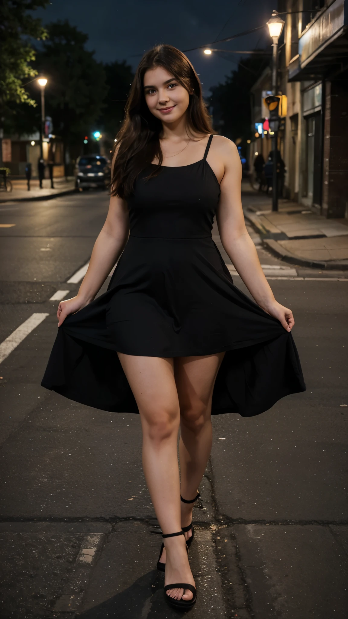 23 years old lady, big thighs, nice dress, medium size , perfect body, perfect face, looking towards camera, mild smile, black, night, street, left view, under street light, near car, whole body including feet should visible from distance