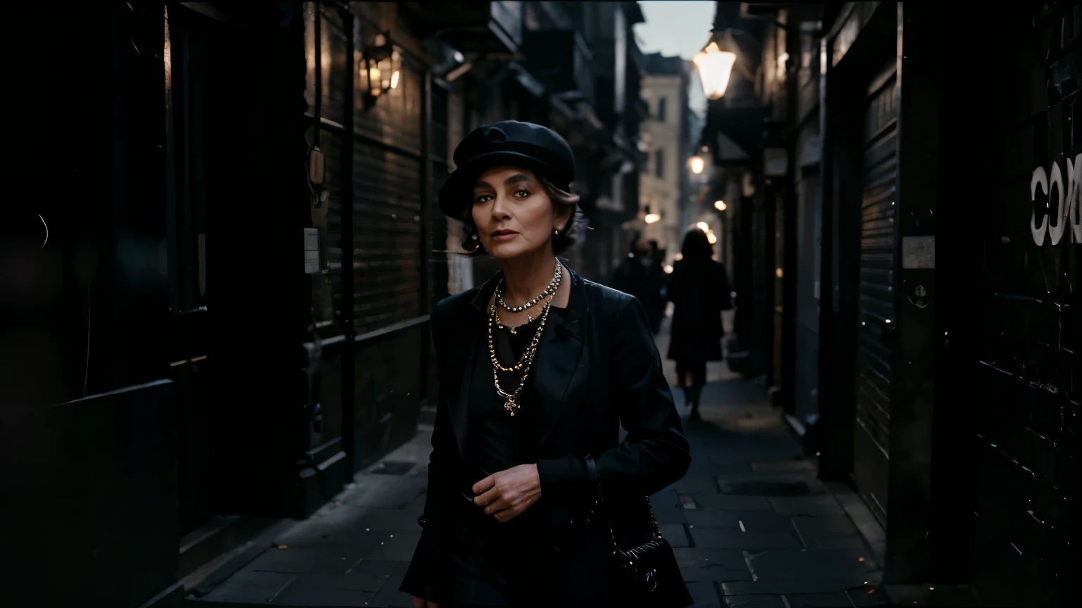 a 60 year old Coco Chanel, Chanel's founder and fashion designer, is smoking a cigarette in a narrow dark alley, midnight, wide angle shot cinematic, ultra realistic, highly detailed.