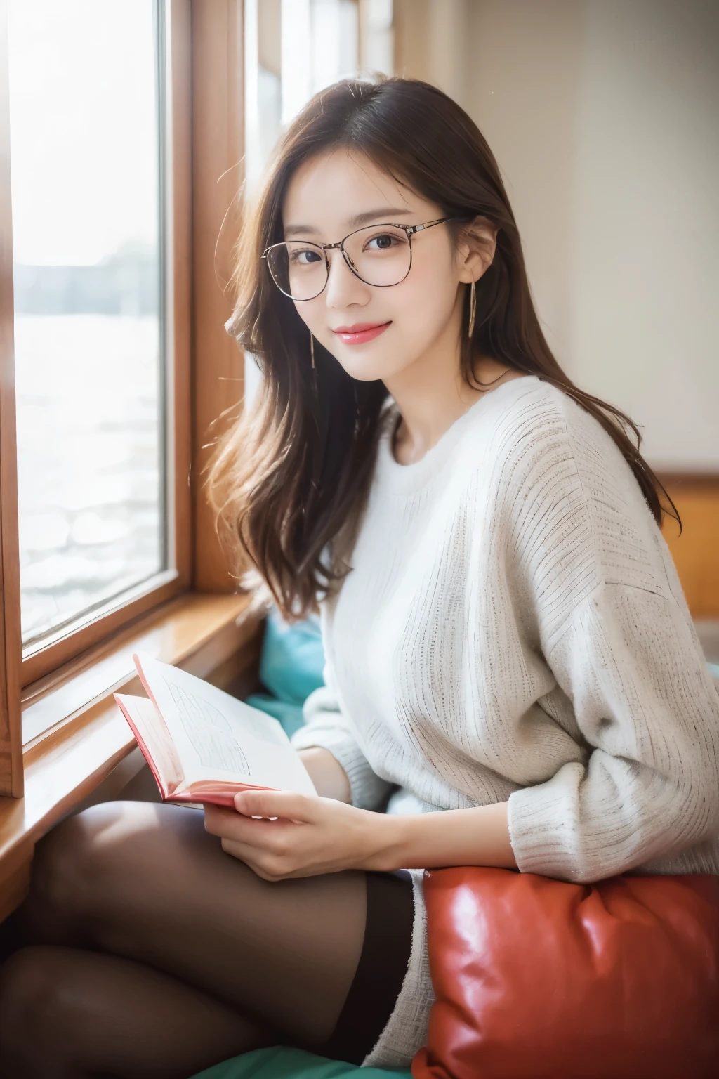 ((​Masterpiece, Top image quality, high resolution、alone、shiny skin))(on the table, best quality, actual, super detailed, meticulous, high resolution, 8k wallpaper), Close-up portrait of a beautiful woman, Chariada, smiling, light brown messy hair, Perfect dynamic composition, 美丽meticulous的眼睛, Just like the cover of a fashion magazine, on campus