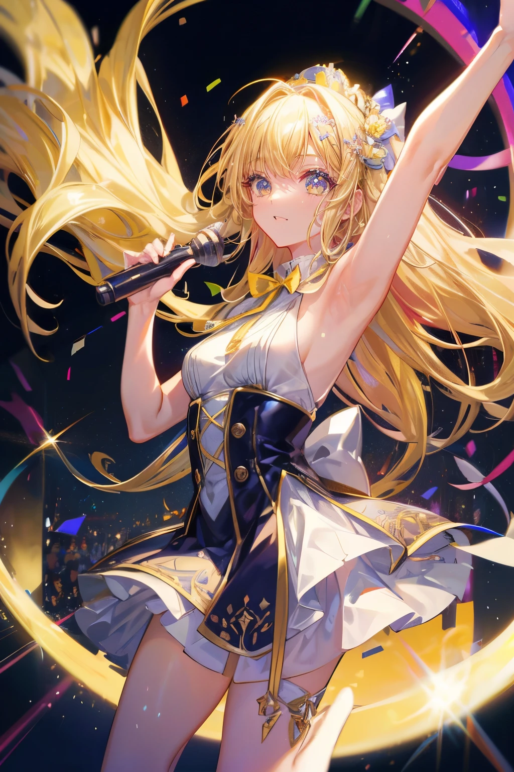 (muste piece), (best quality), very detailed, ((1 girl)), solo focus,Low - Angle,dynamic,jump,((close your eyes and laugh)),wink,perfect face, beautiful face, very detailedな顔,(blonde long hair_yellow eyes:1.3),idol costume,Solo Idol,Ribbon hair ornament,concert dome,live,have a microphone,singing,Smiling with mouth wide open,Laser Light,Spotlight,confetti