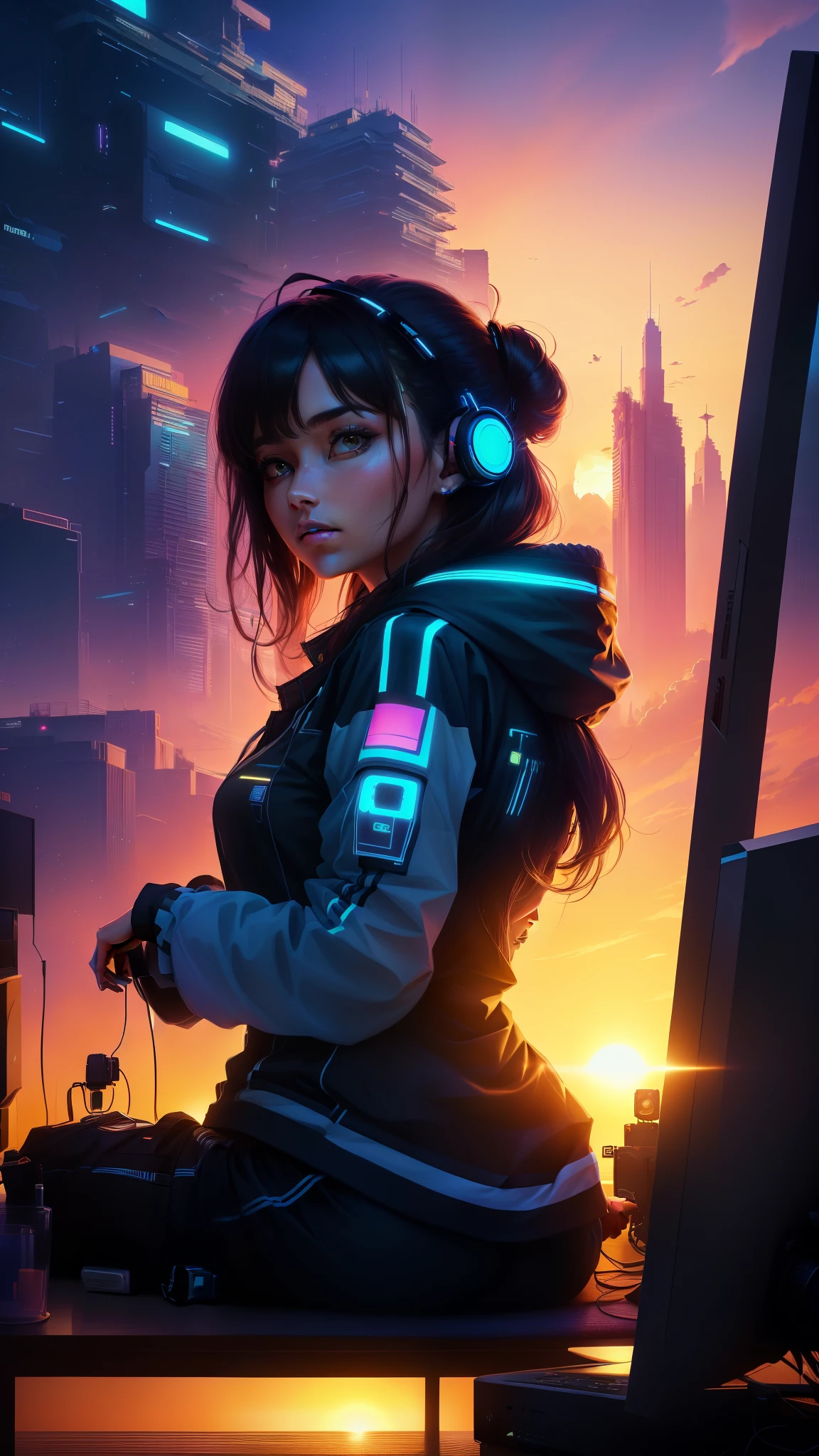 Arafed woman sitting in front of flat screen television and watching the sunset, style hybrid mix of Beeple, Beeple masterpiece, Beeple artwork, Beeple style, Beeple!!, in style of Beeple, Beeple colors, Beeple daily art, Beeple art, realism | Beeple