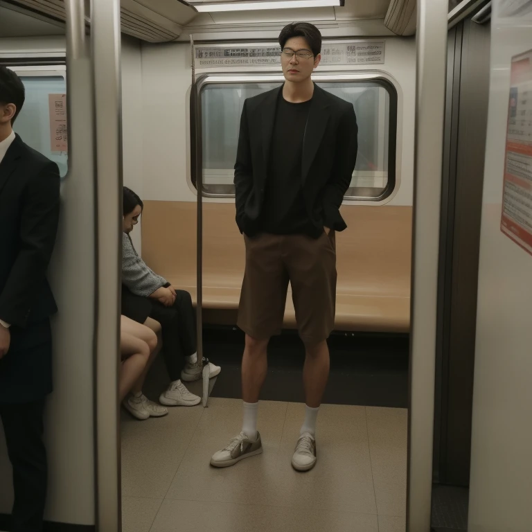 1人,A 20-year-old man in the subway,Standing in a subway car,Ultra-flat head,Wearing a suit,huge bulge, leg apart,musculous,Handsome,Look at your phone,Wear AirPods,Wear an Apple Watch,Sport backpack,white short socks,White sneakers,pervert smirk,exhilarated,full bodyesbian,Exposing thighs,Expose calves,Thick leg hair,In crowded subway cars,gentlesoftlighting,tmasterpiece,best qualtiy,8K UHD,digital SLR camera,filmgrain,Fujifilm XT3 Realistic painting art, , 16k resolution , ultra-high clarity , hyperrealism , ultra hd picture , uhd