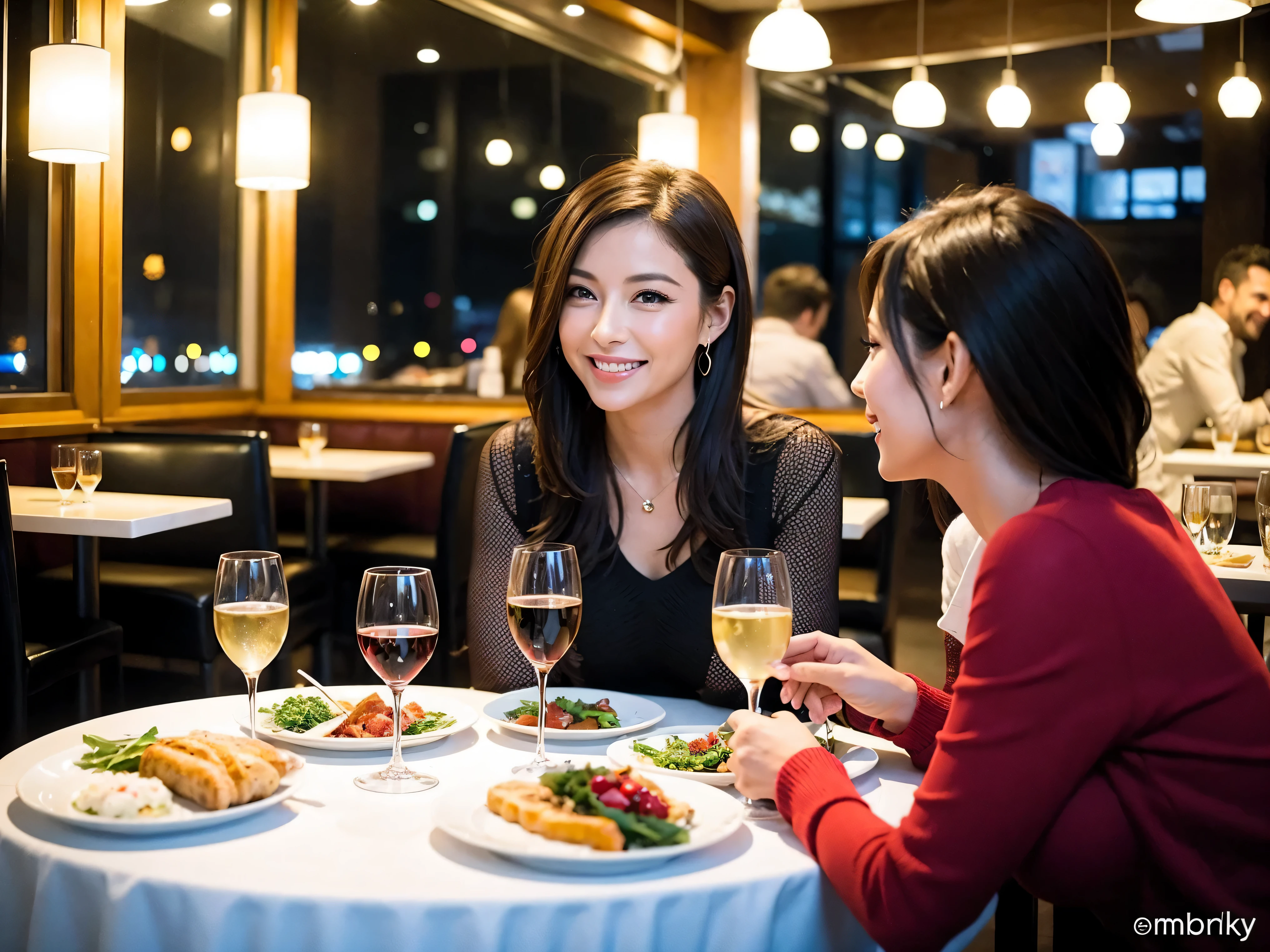 64k, UHD, highest quality, masterpiece: 1.2), (realistic, photorealistic: 1.37), Super detailed, celebration party、beauty、Charm、beautiful mature woman、3 women who love wine、three men、champagne、Sparkling wine、winter night、restaurantでワイン宴会、(slimな男女4名),(Wine party for 5 people)、(slimフェイス),Happy、 最高なsmile、Fox Face、Berry Short、(because I'thin), (brown hair), (shortcut), long sleeve shirt、winter fashion、Colombia、Brazilian、Japanese、Dutch、German、Portuguese、Belgian、Italian、french, (gushing), (slimボティ), (brown hair), (shortcut), 端正なbeauty、cheeks blush a little, (41 years old), 38 years old, 35 years old、32 years old、 A beautiful and detailed night view spreads out outside the window........, restaurant, wine glassが座っている, At night, in a prominent place (from the Upper body) nova frog style, actress, model, Upper body, White wine, slim, wine glass, very beautiful night view, wine glass Put in the Middle, Happy smile, (smile: 1.15),