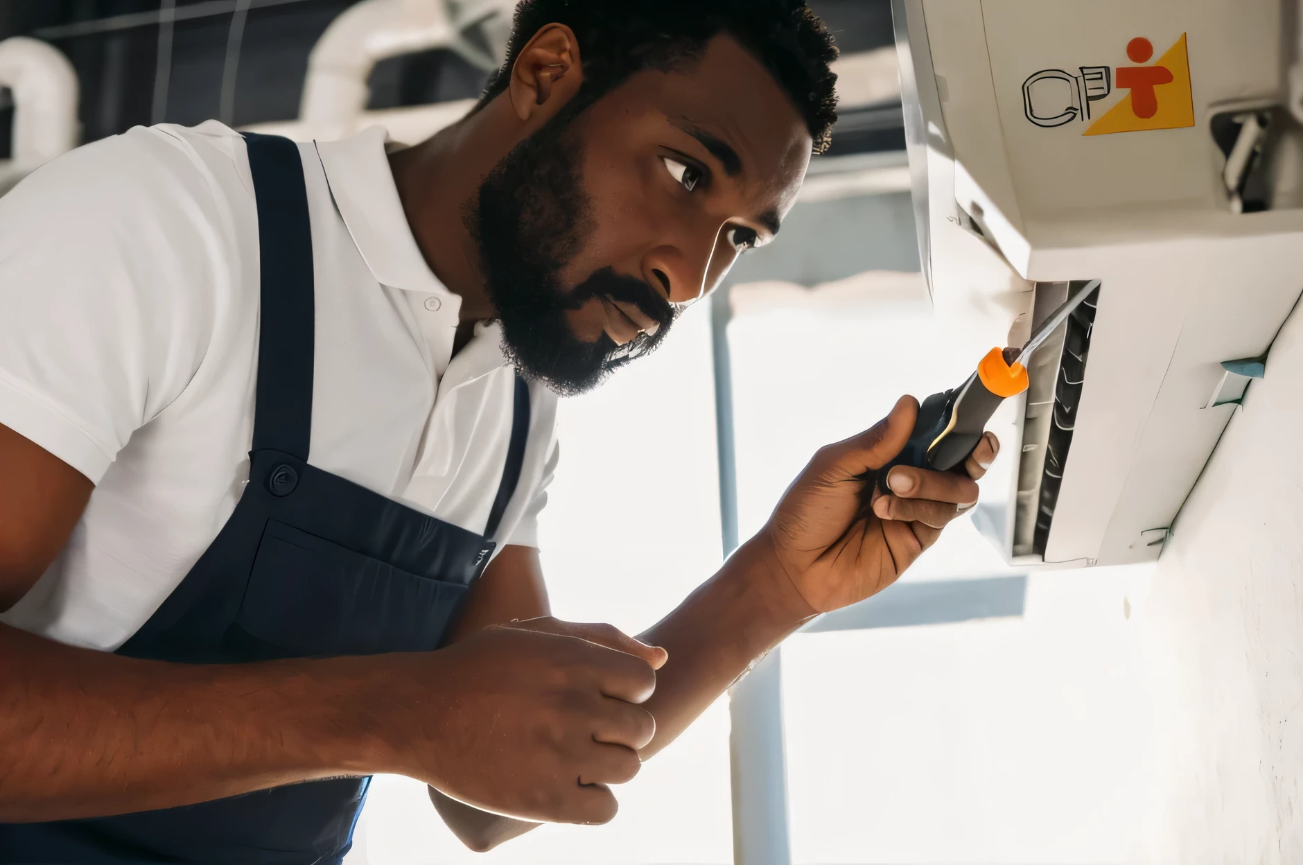 Descreva uma imagem realista de um homem negro com barba e bigode, vestindo um uniforme de trabalho, enquanto realiza reparos em um sistema de ar condicionado, holding screwdrivers in hands.

Na imagem, a black man is focused, displaying distinct facial features, incluindo uma barba e um bigode bem cuidados. Ele veste um uniforme de trabalho profissional, consisting of a long-sleeved shirt and sturdy pants, suitable for the industrial maintenance environment.

The man is focused on his work, with a determined expression on the face. He holds two screwdrivers in his hands, demonstrating skill and confidence in your actions. Your gestures are precise and deliberate, reflecting your experience and proficiency in the field of HVAC equipment maintenance.

Ao fundo da imagem, you can see the air conditioning system being repaired. Cables and components are visible, evidenciando o trabalho em andamento. The surrounding environment is typical of a mechanical room or service area, com ferramentas e equipamentos dispostos de maneira organizada.

The scene lighting is bright and clear, destacando os detalhes do rosto e do uniforme do trabalhador. The atmosphere of the image conveys a feeling of professionalism and efficiency, while the black man performs his tasks with competence and dexterity.

This image doesn&#39;t just depict a qualified technician in action, but also represents diversity and inclusion in the workplace, highlighting the presence and talent of black professionals in specialized areas such as air conditioning system maintenance.





