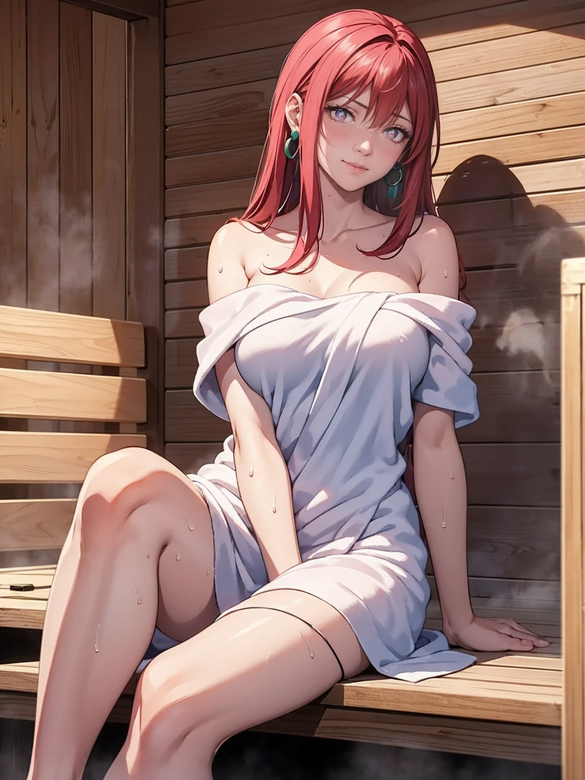 1girl, Alone, relaxed expression, ((sitting on the bench)), sauna, ((towel and cute wrapped in a towel)), (((sweating, steam in the room, wooden sauna, TakashiroHiroko, dark purple eyes)) ), Takashiro Hiroko, 1girl, mature woman, alone, legs crossed, cowboy shot, looking at viewer, smile, blushing, dark purple eyes, long hair, red hair, earrings, jewelry, fog,